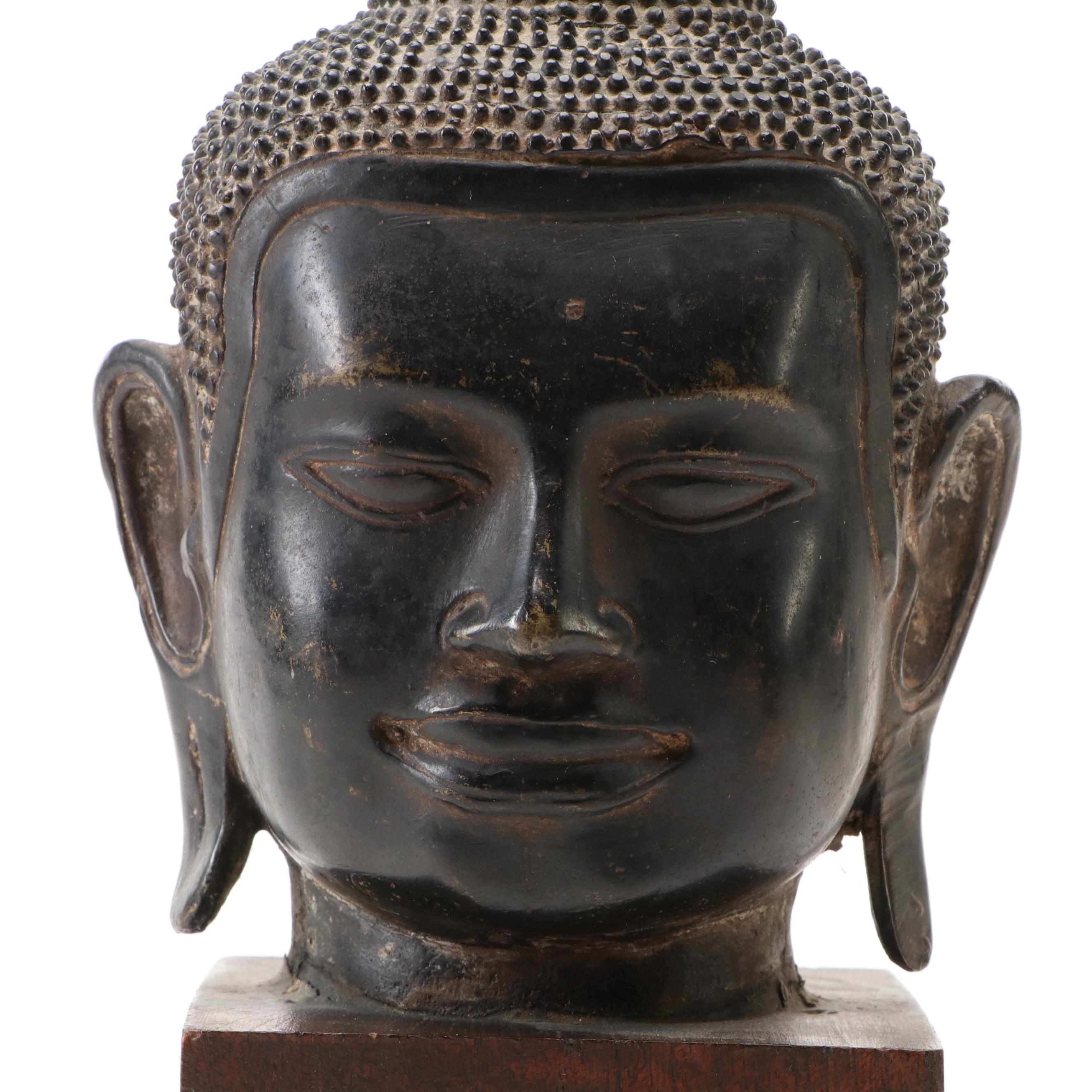 Southeast Asian Style Bronze Buddha Head on Wooden Base