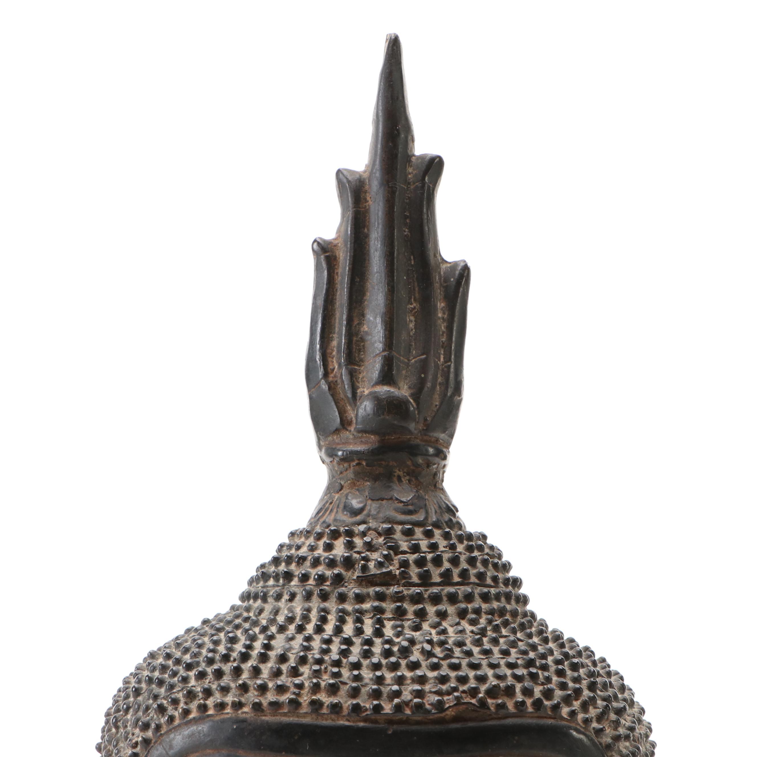 Southeast Asian Style Bronze Buddha Head on Wooden Base