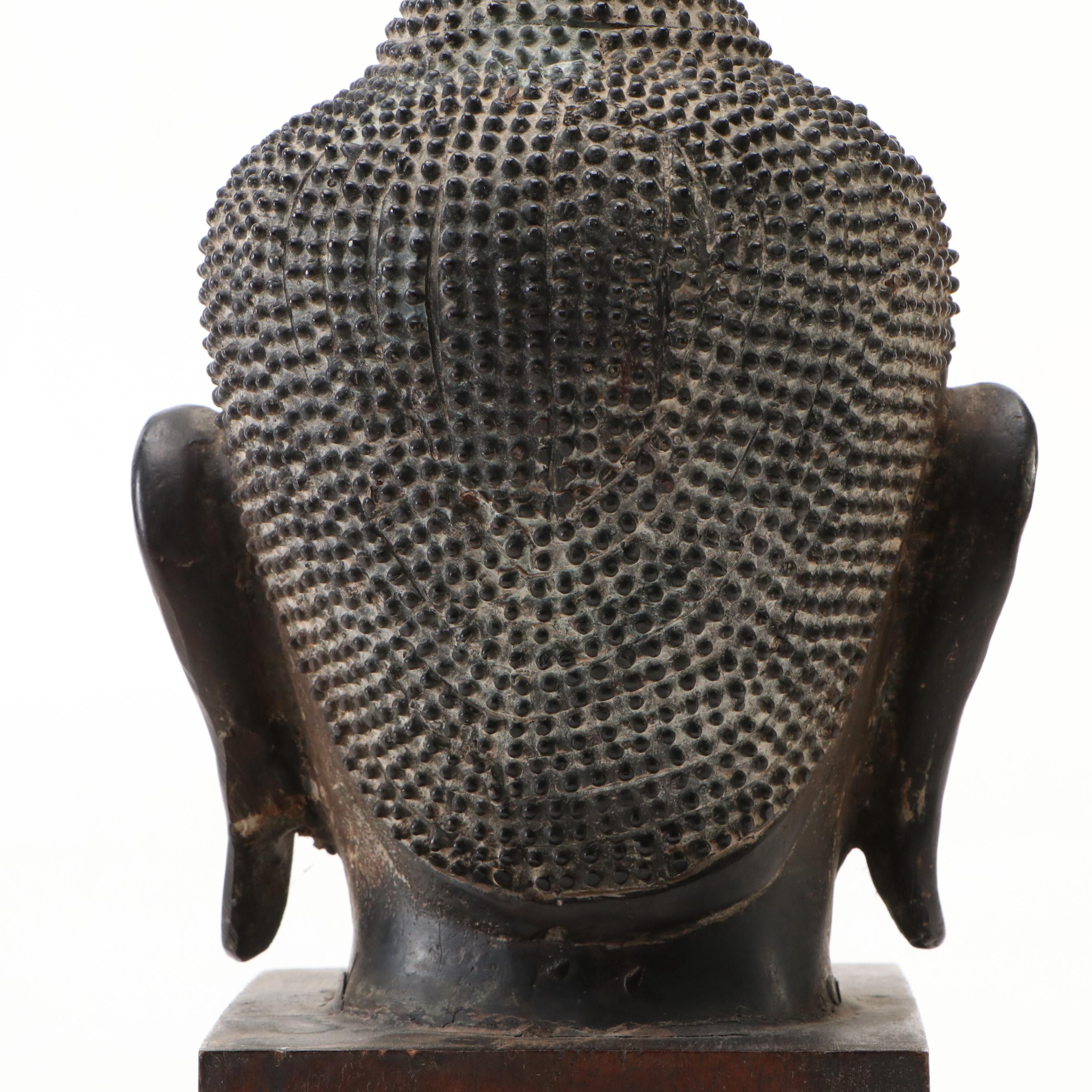 Southeast Asian Style Bronze Buddha Head on Wooden Base