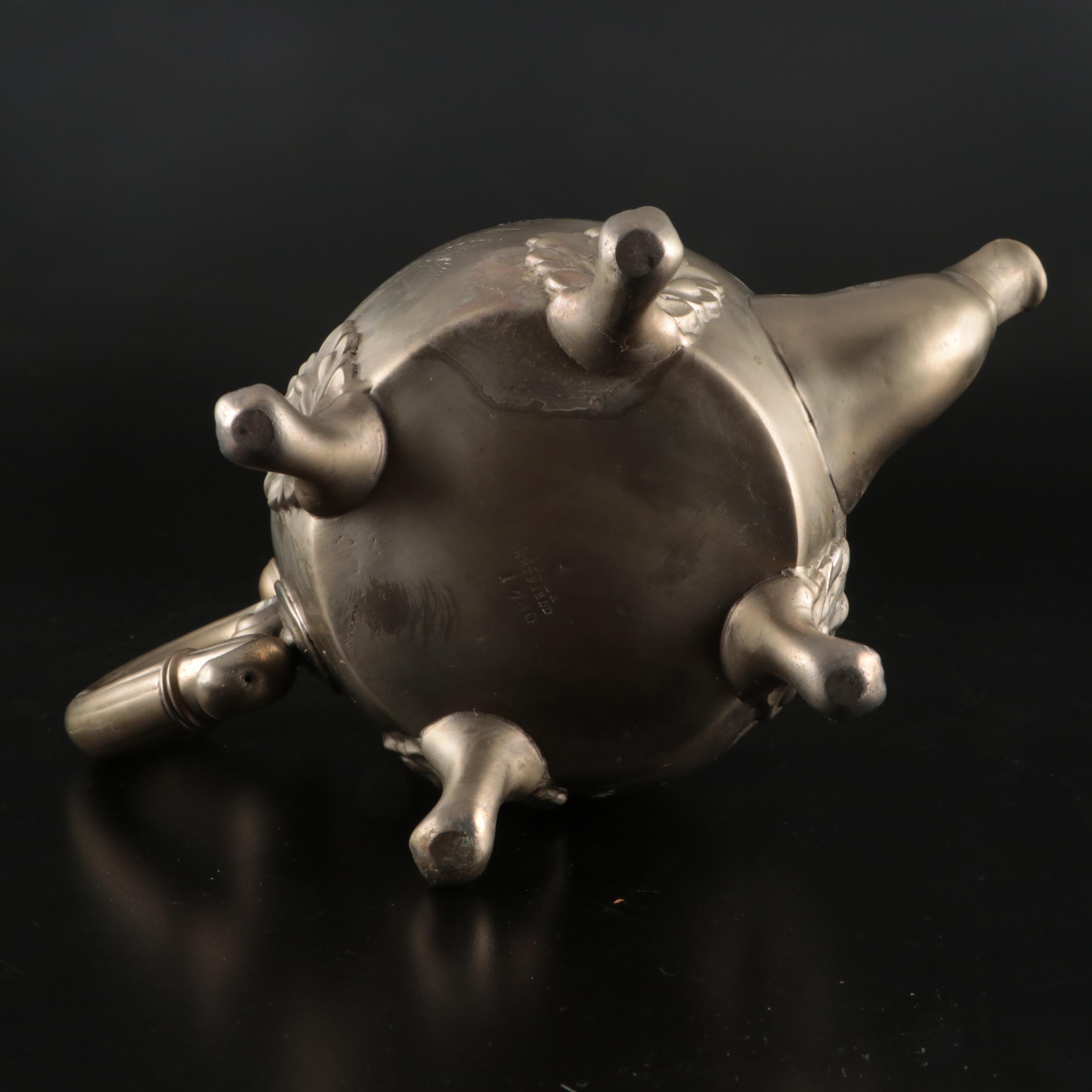 Sheffield Pewter Teapot , Creamer, and Sugar Bowl with Pewter Candle Holders