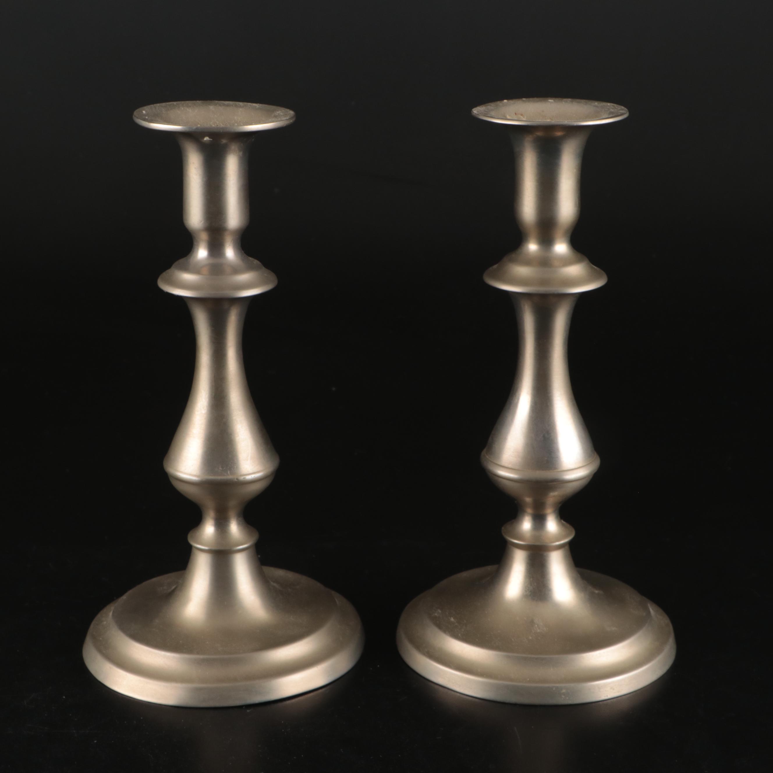 Sheffield Pewter Teapot , Creamer, and Sugar Bowl with Pewter Candle Holders