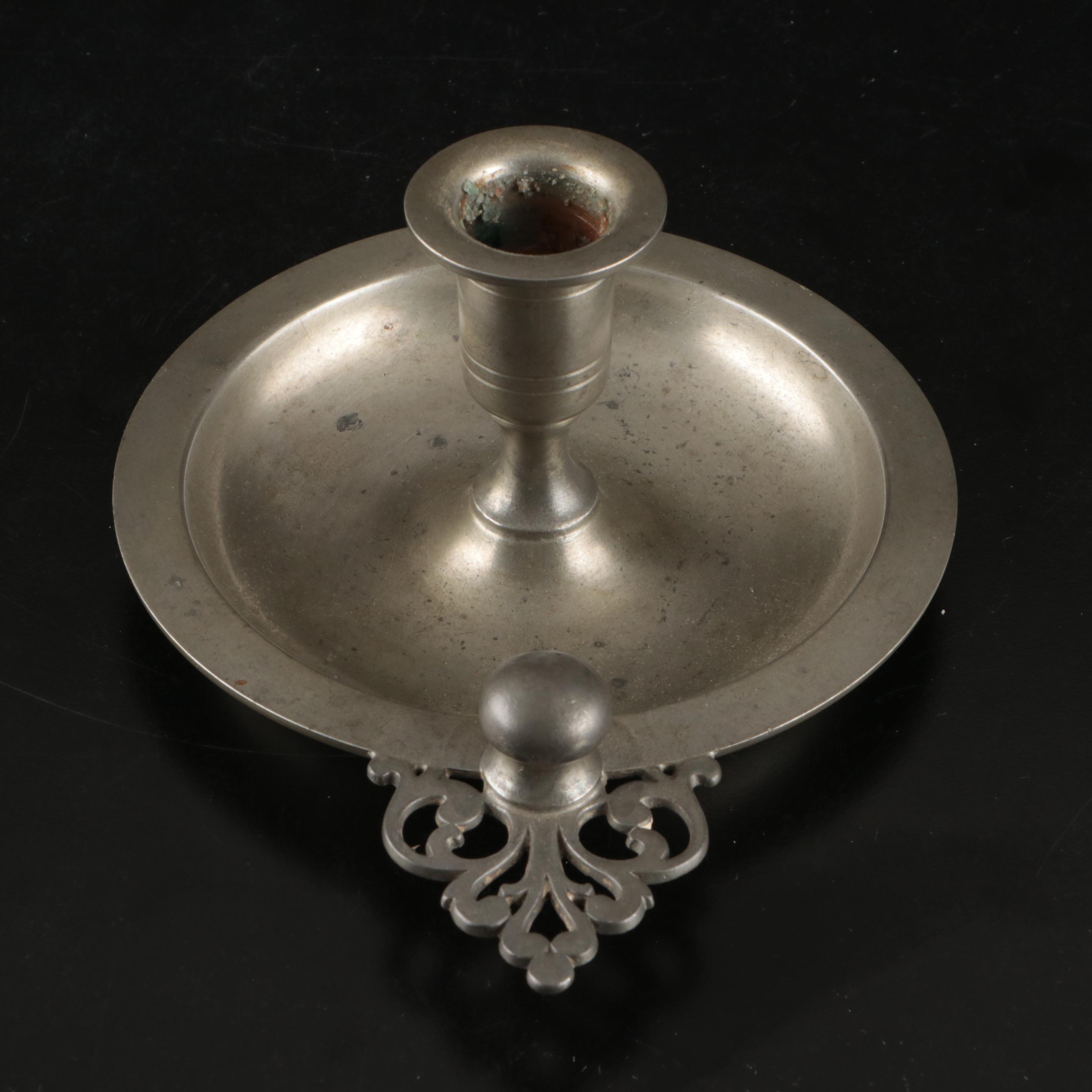 Sheffield Pewter Teapot , Creamer, and Sugar Bowl with Pewter Candle Holders