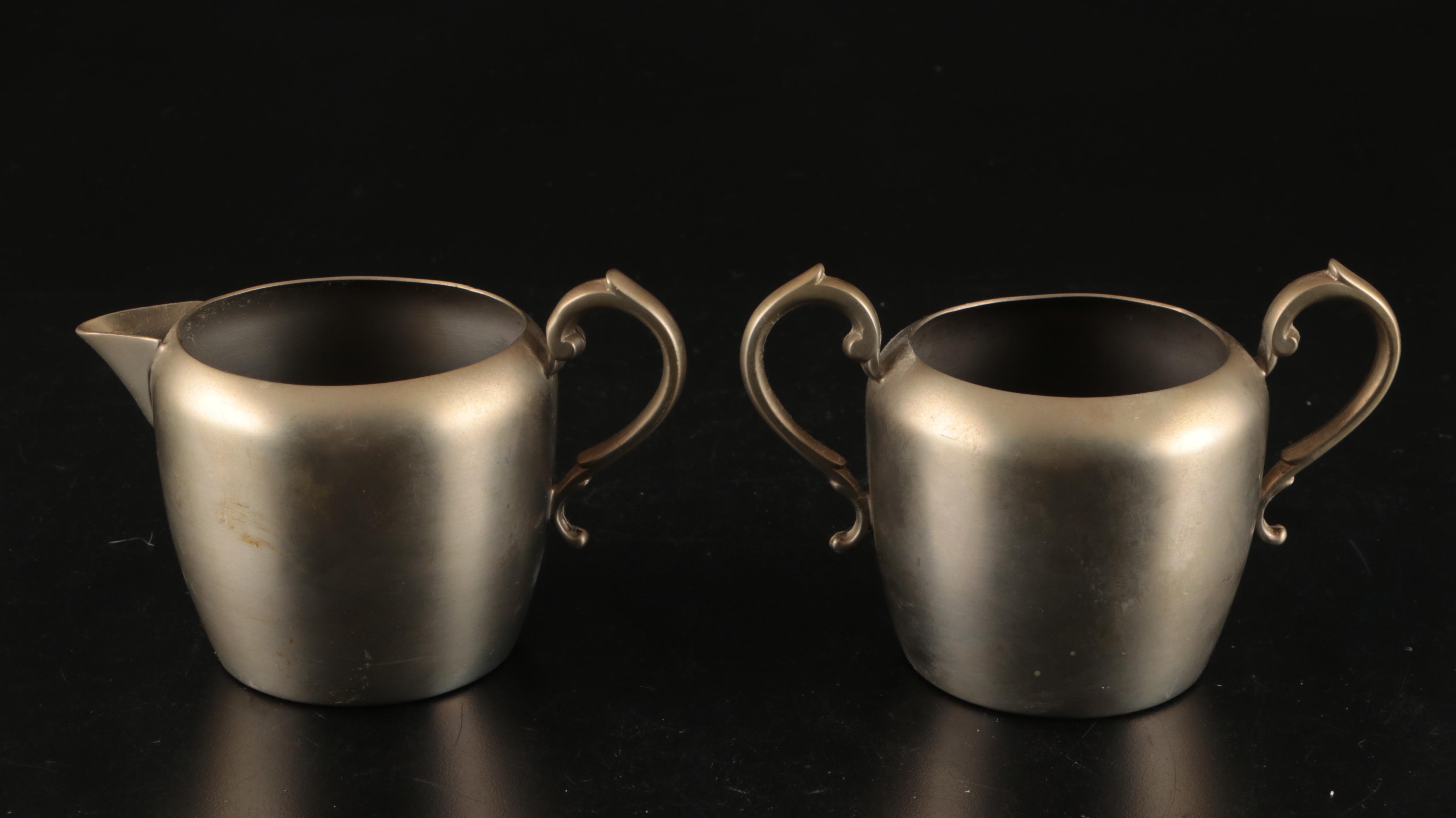 Sheffield Pewter Teapot , Creamer, and Sugar Bowl with Pewter Candle Holders