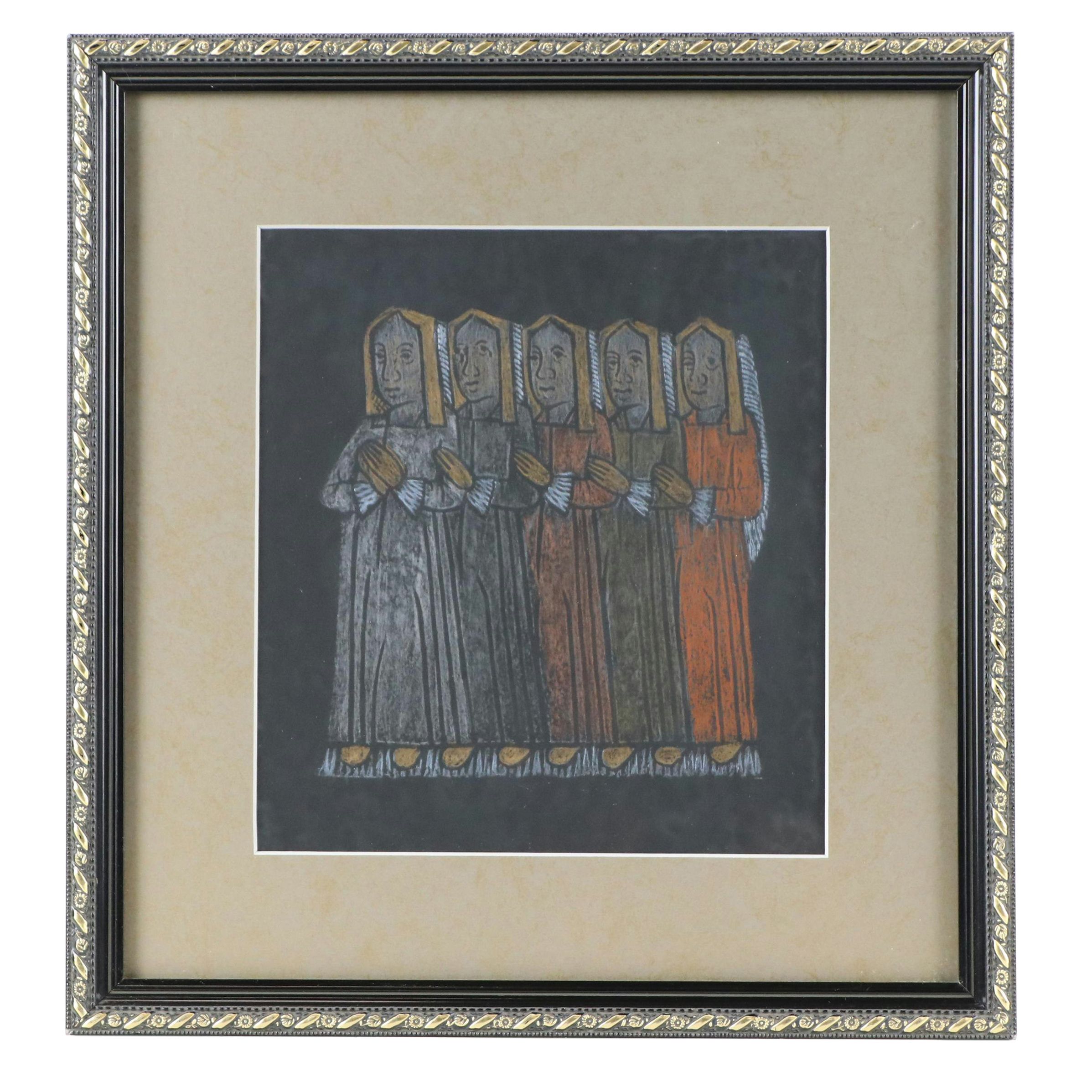 Rubbing Depicting Five Figures in Prayer