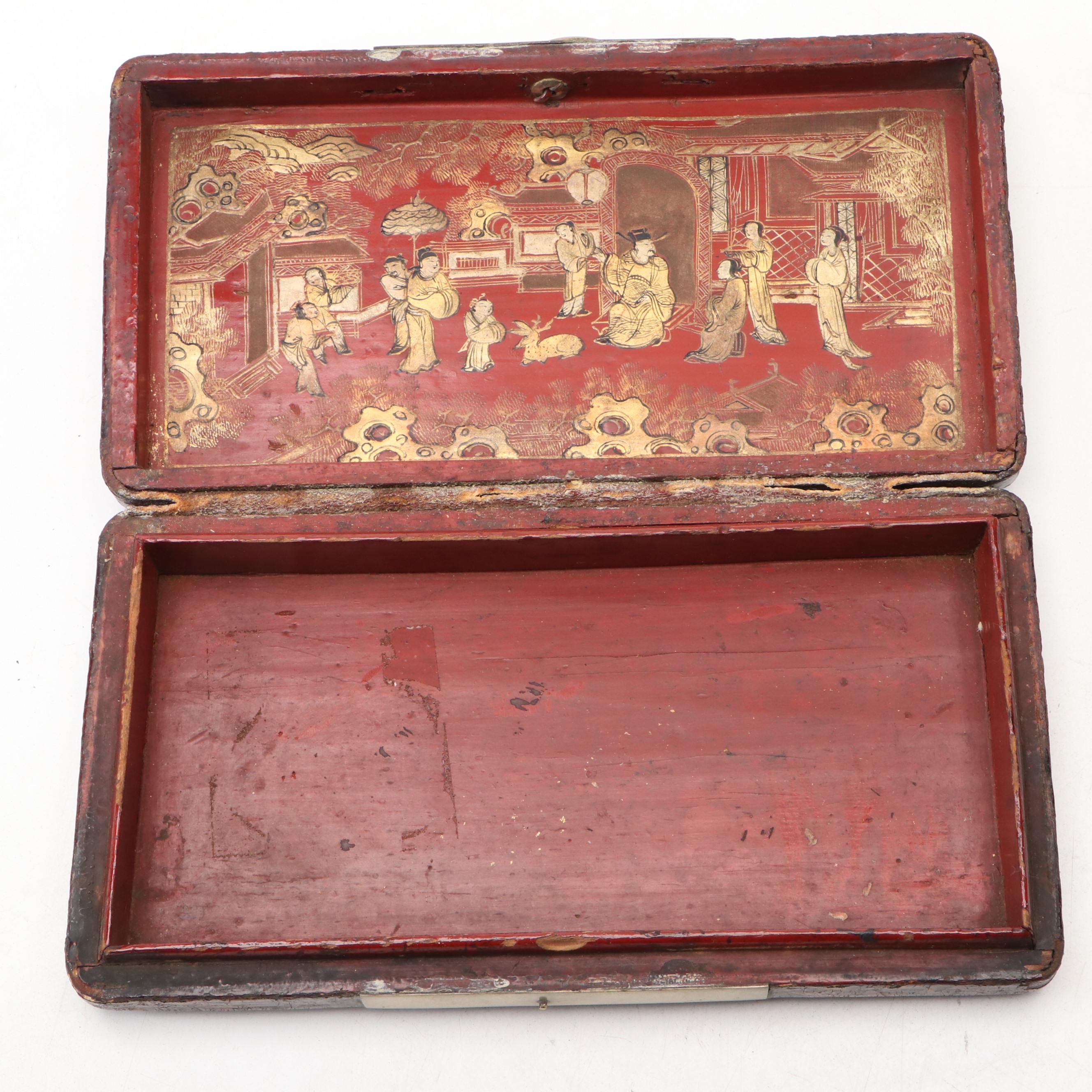 Japanese Edo Style Lacquered Wooden Box with Hinged Lid