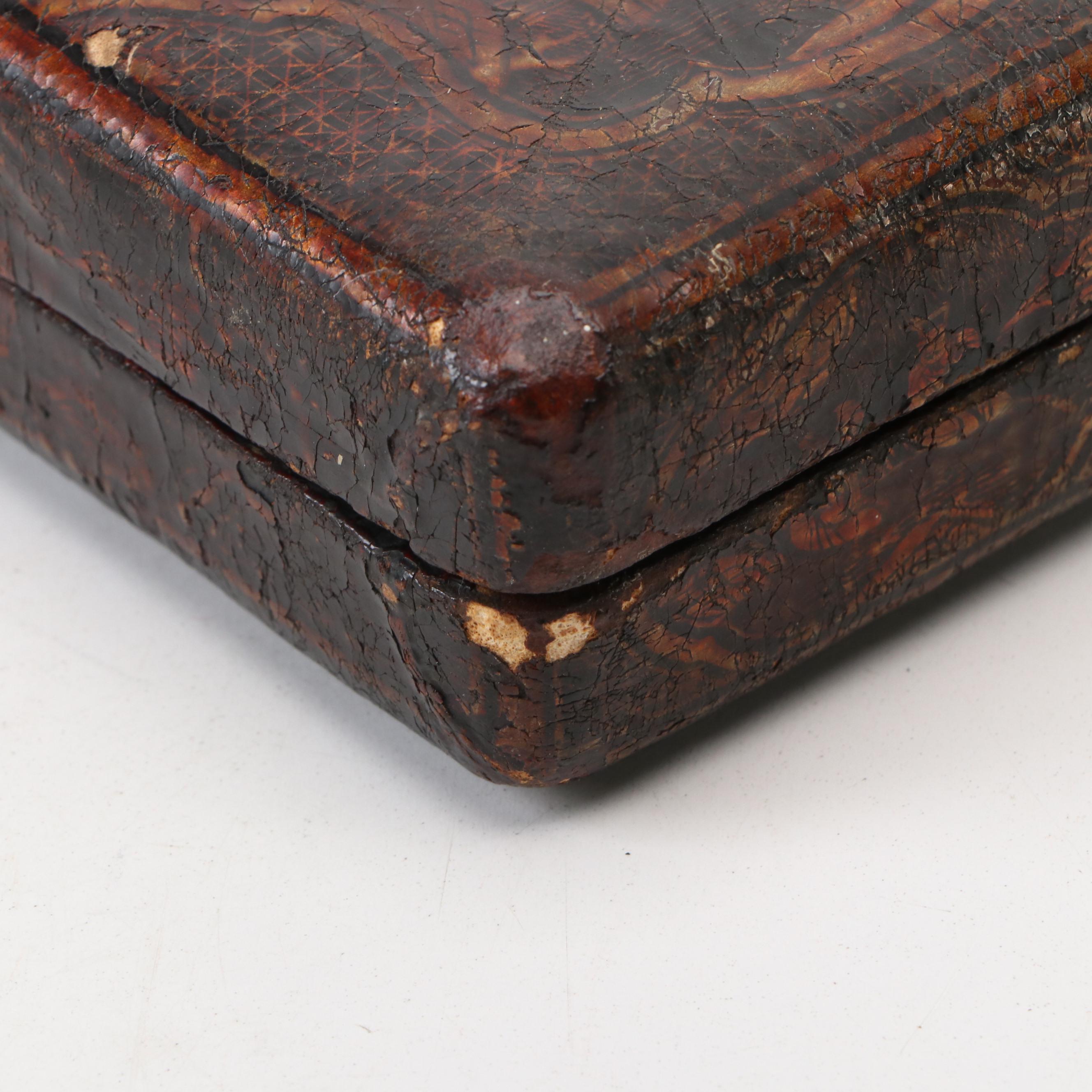 Japanese Edo Style Lacquered Wooden Box with Hinged Lid