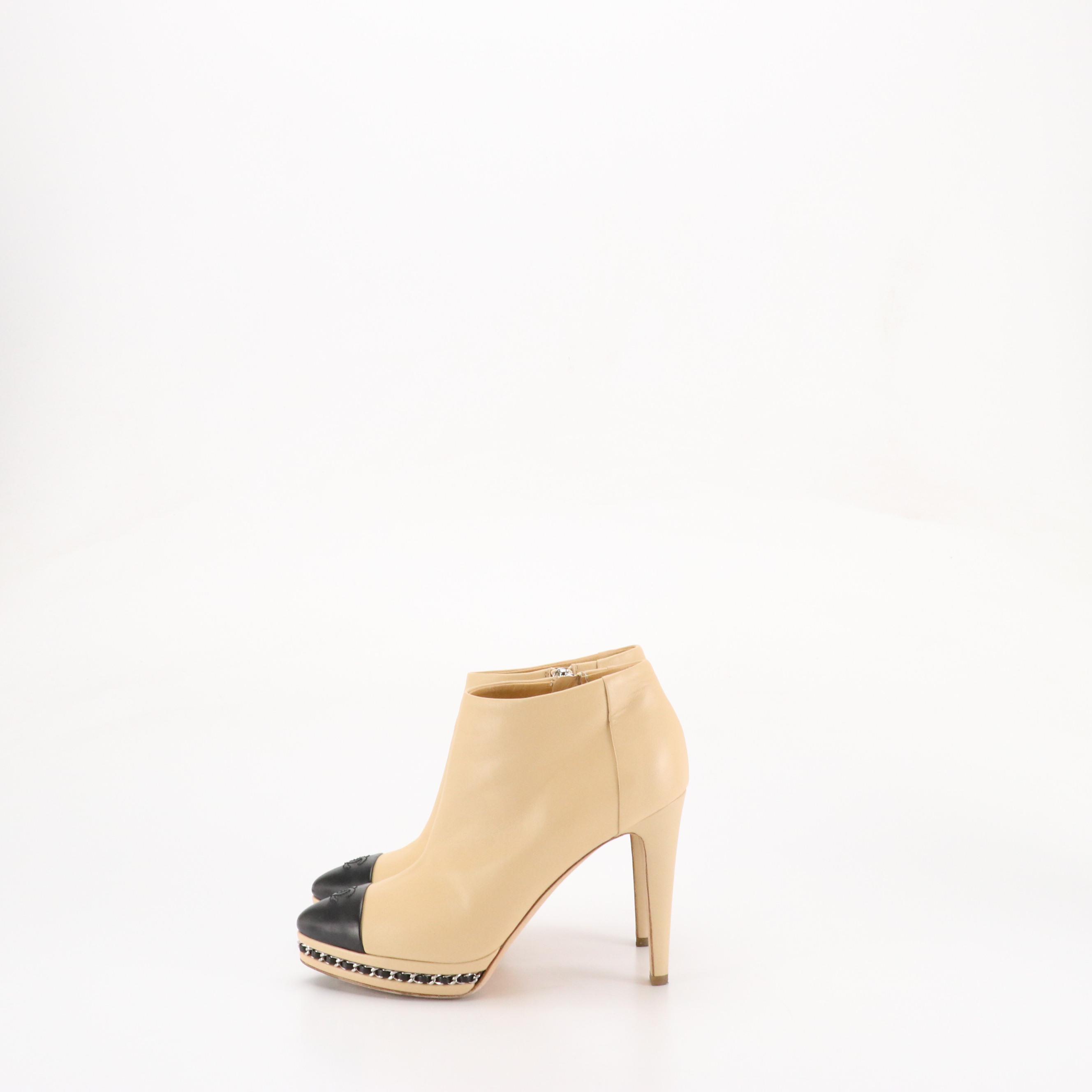 Chanel Lambskin Leather Platform Cap Toe Ankle Boots with Interwoven Chain
