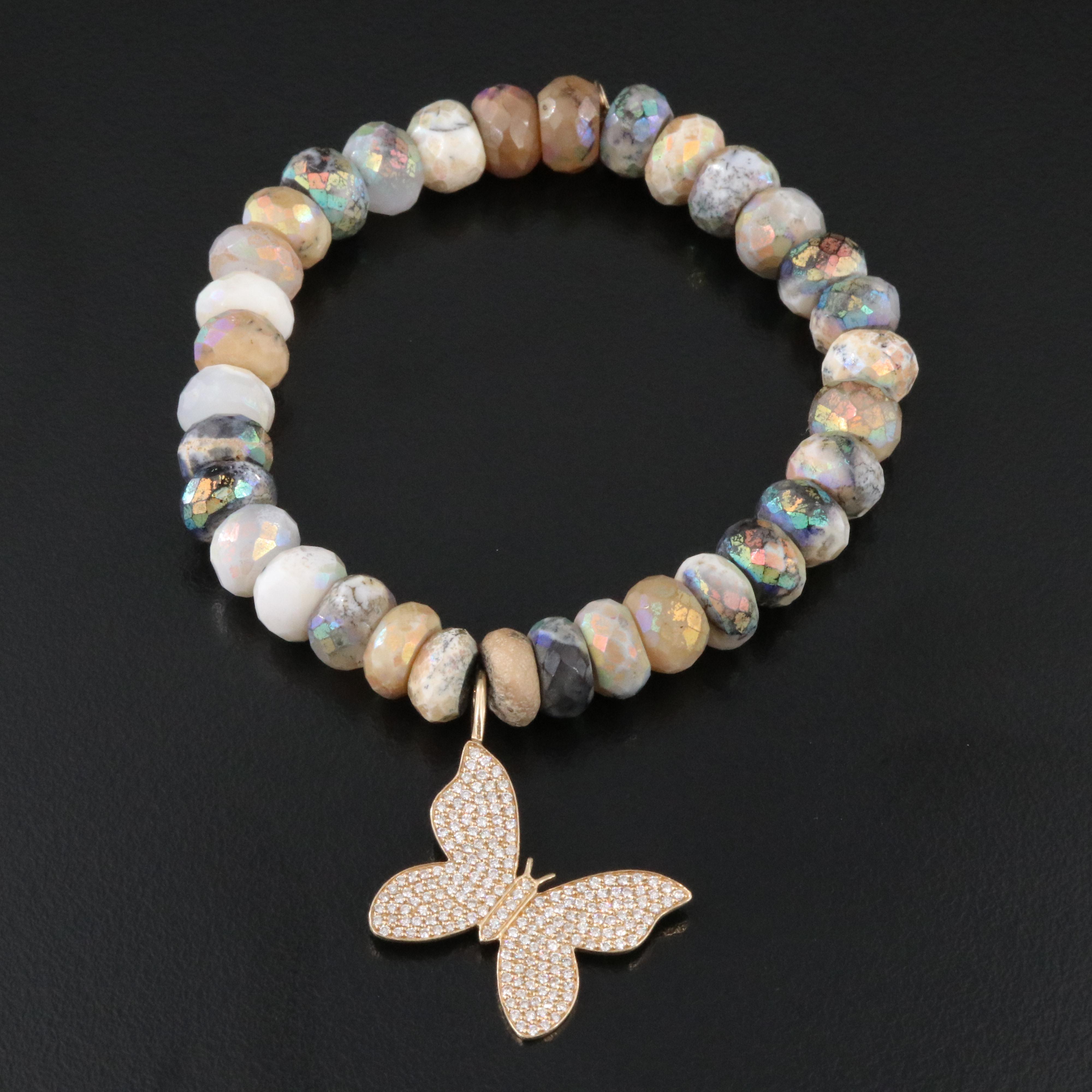 Agate and Jasper Bracelet with 14K Diamond Butterfly Charm