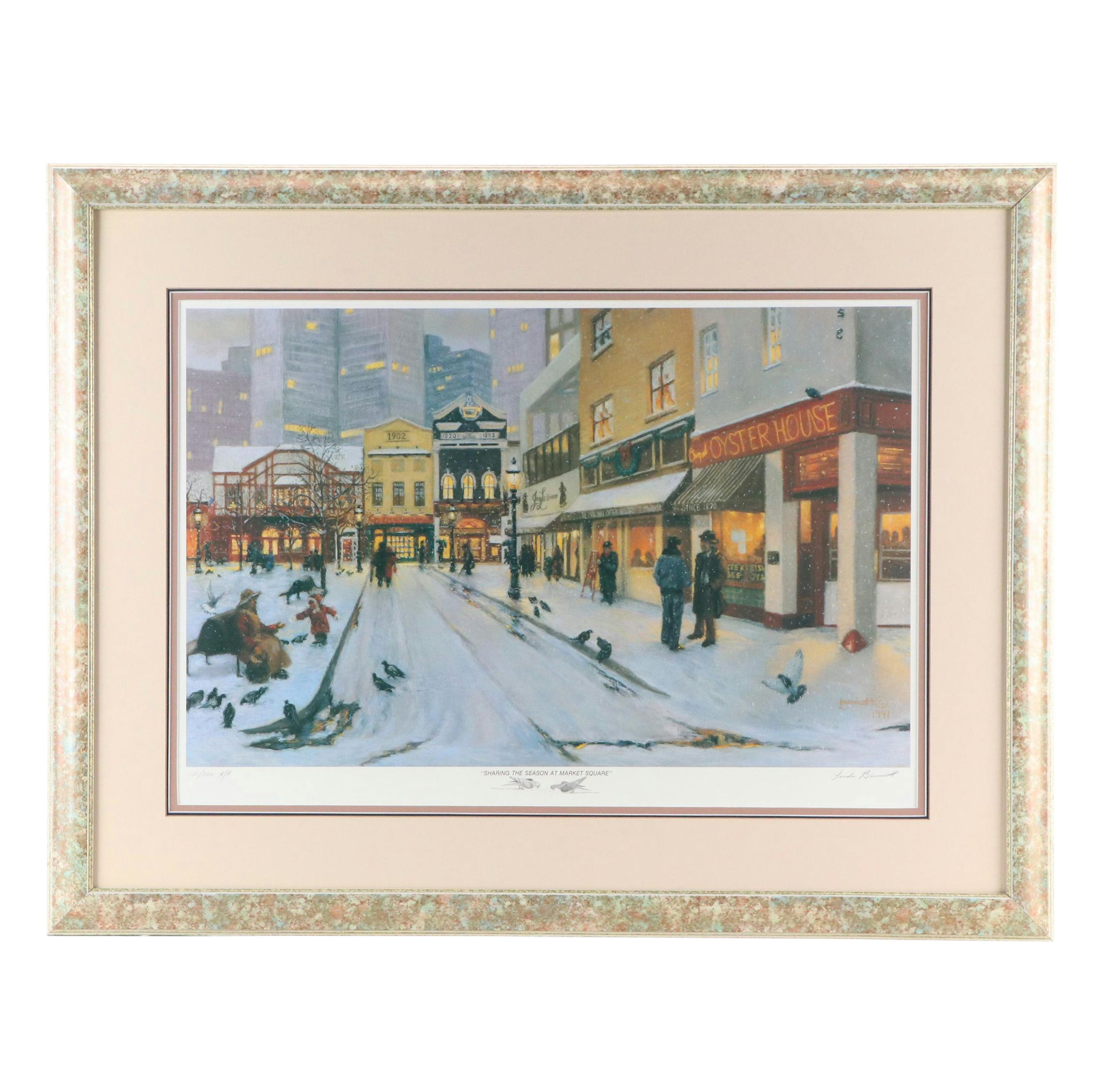 Linda Barnicott Offset Lithograph "Sharing the Season at Market Square"