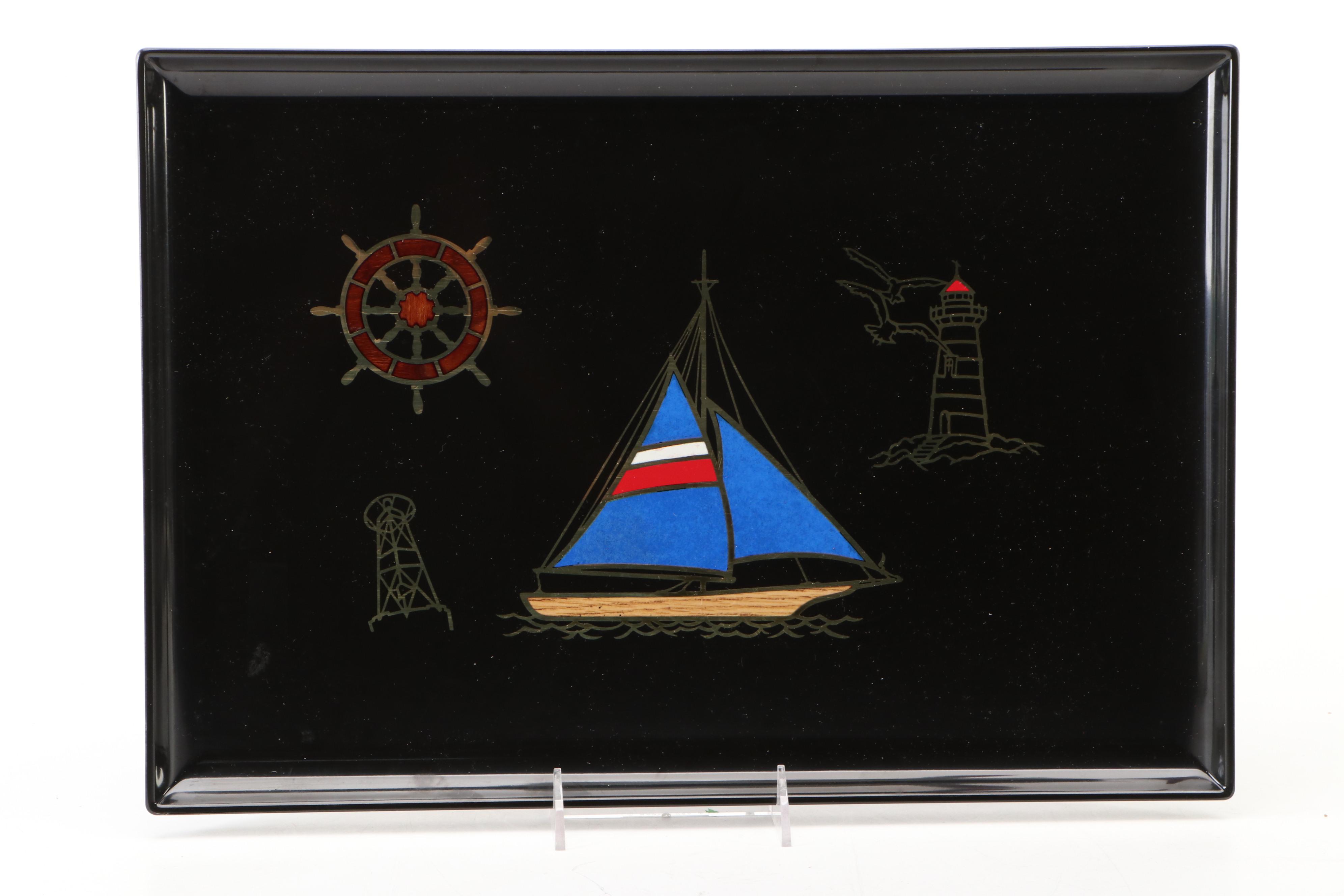 Hand-Painted Fish Sign with Couroc Gilt Sailboat Tray