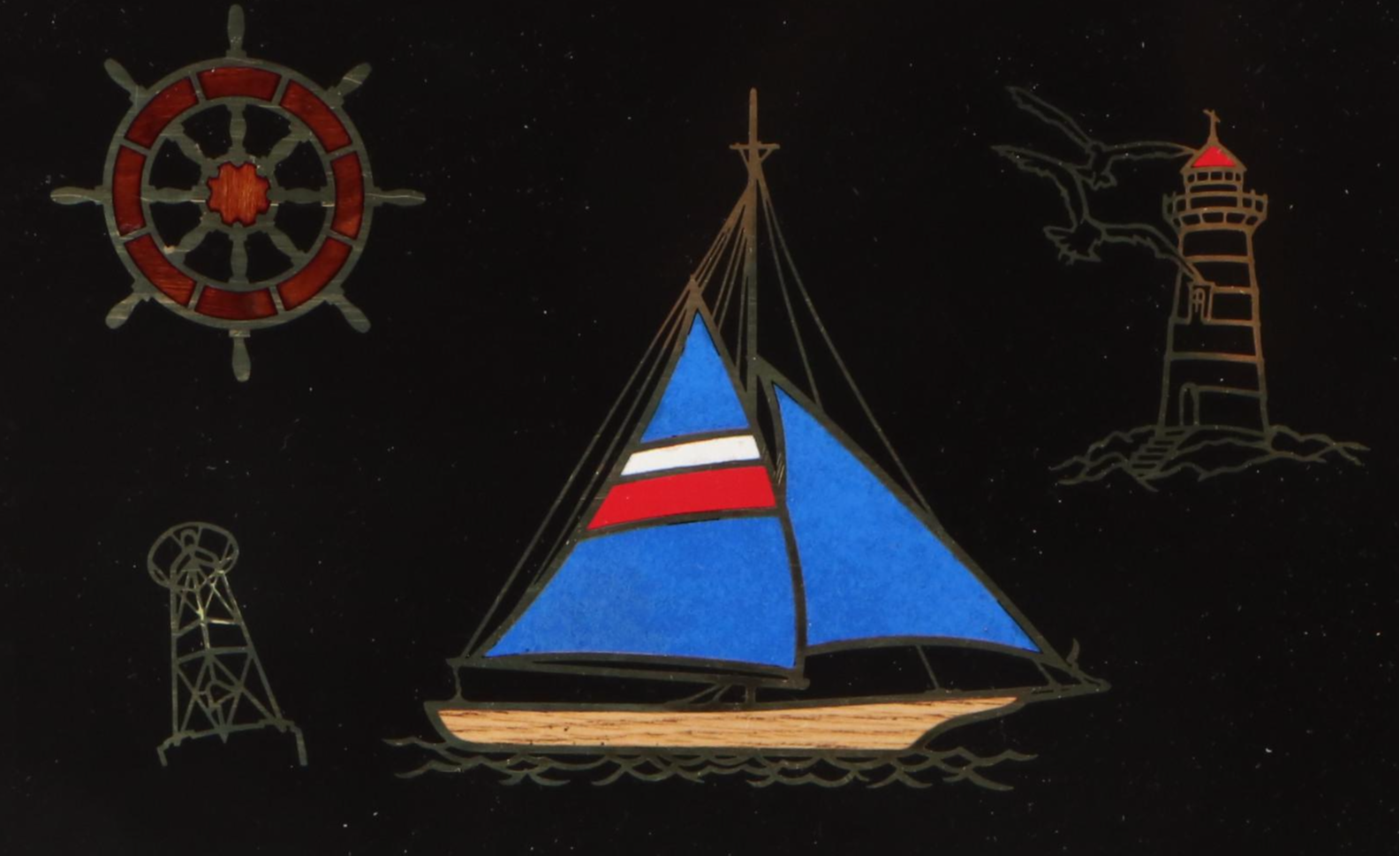 Hand-Painted Fish Sign with Couroc Gilt Sailboat Tray