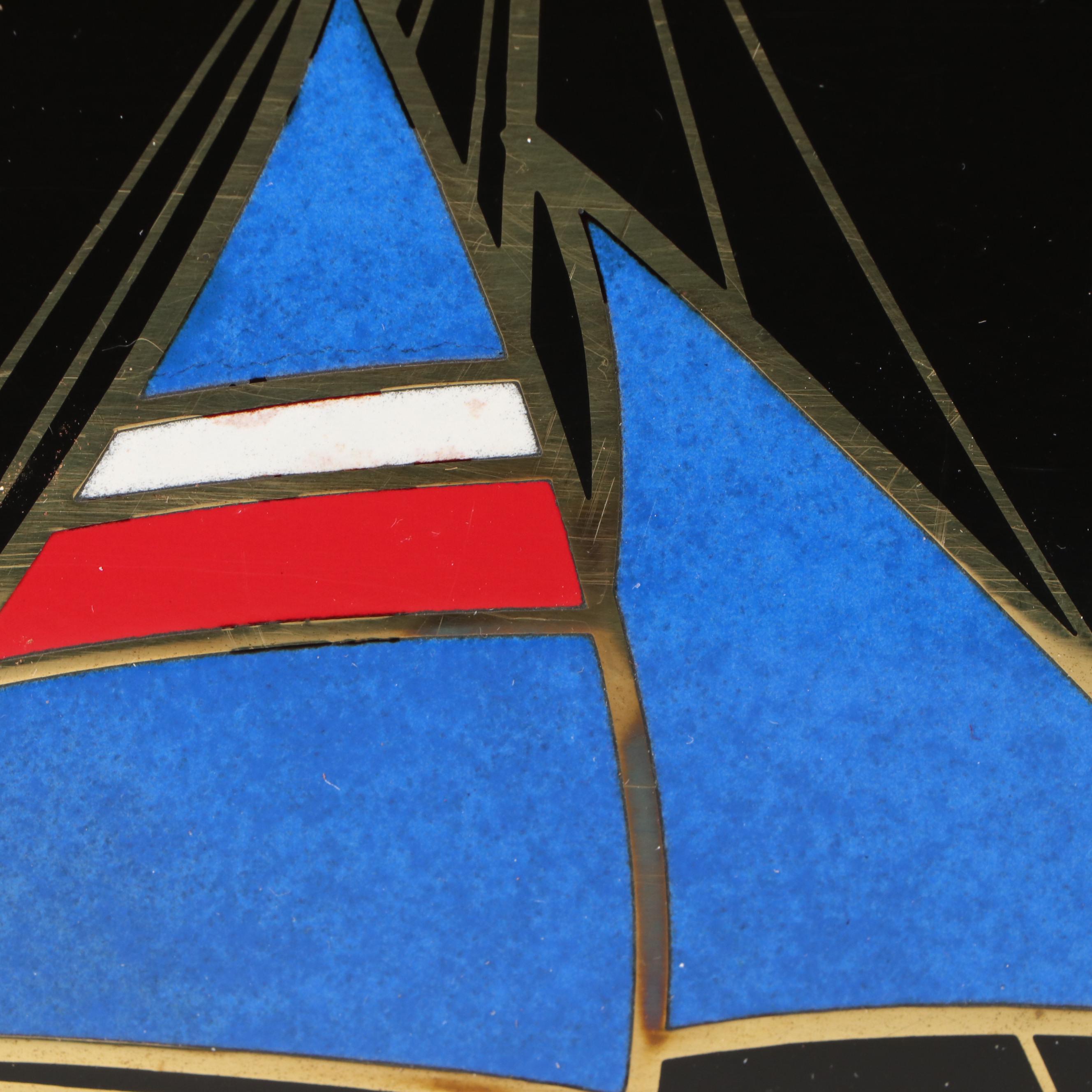 Hand-Painted Fish Sign with Couroc Gilt Sailboat Tray