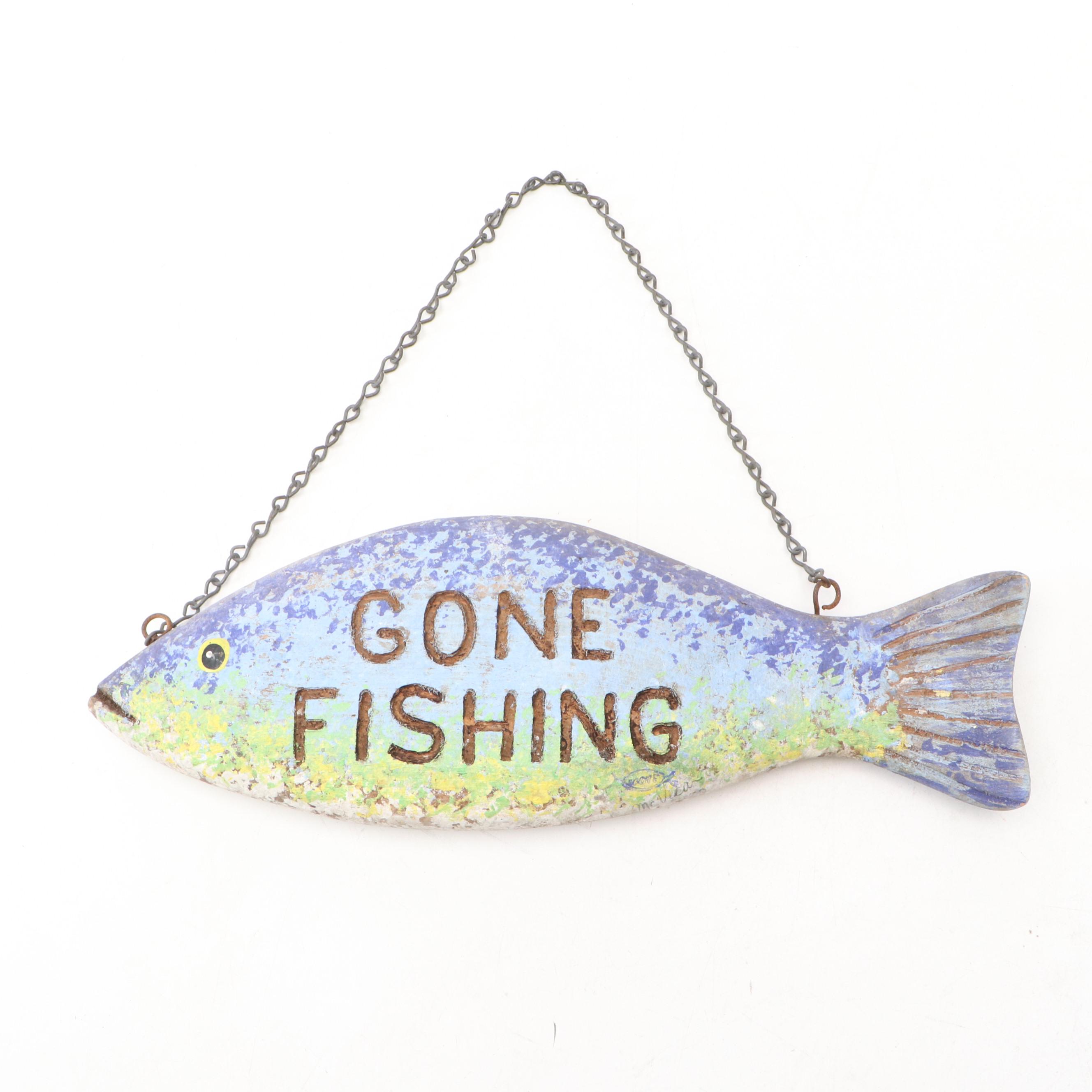 Hand-Painted Fish Sign with Couroc Gilt Sailboat Tray