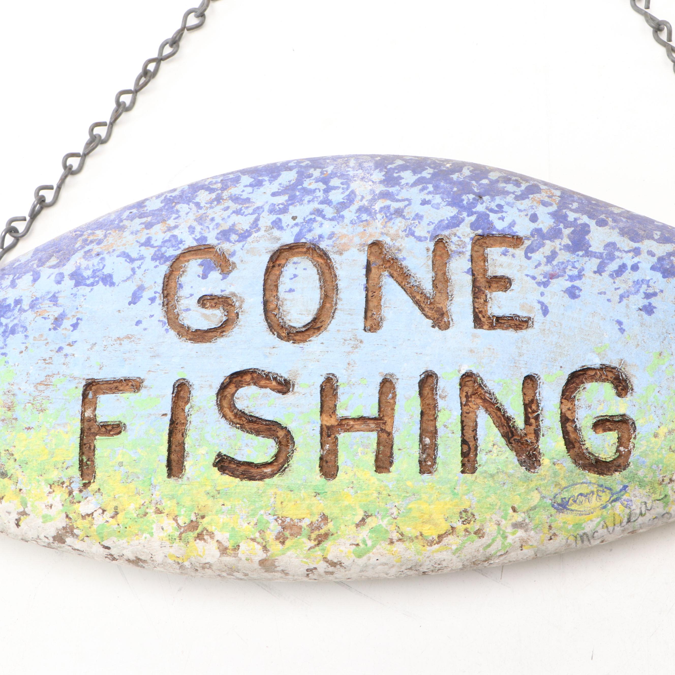 Hand-Painted Fish Sign with Couroc Gilt Sailboat Tray