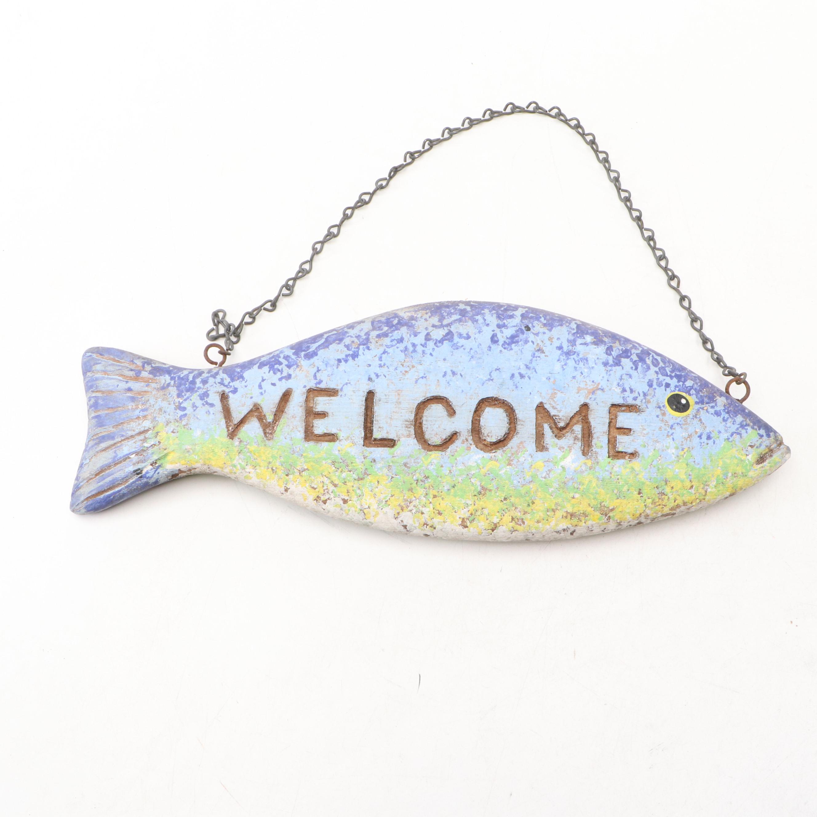 Hand-Painted Fish Sign with Couroc Gilt Sailboat Tray