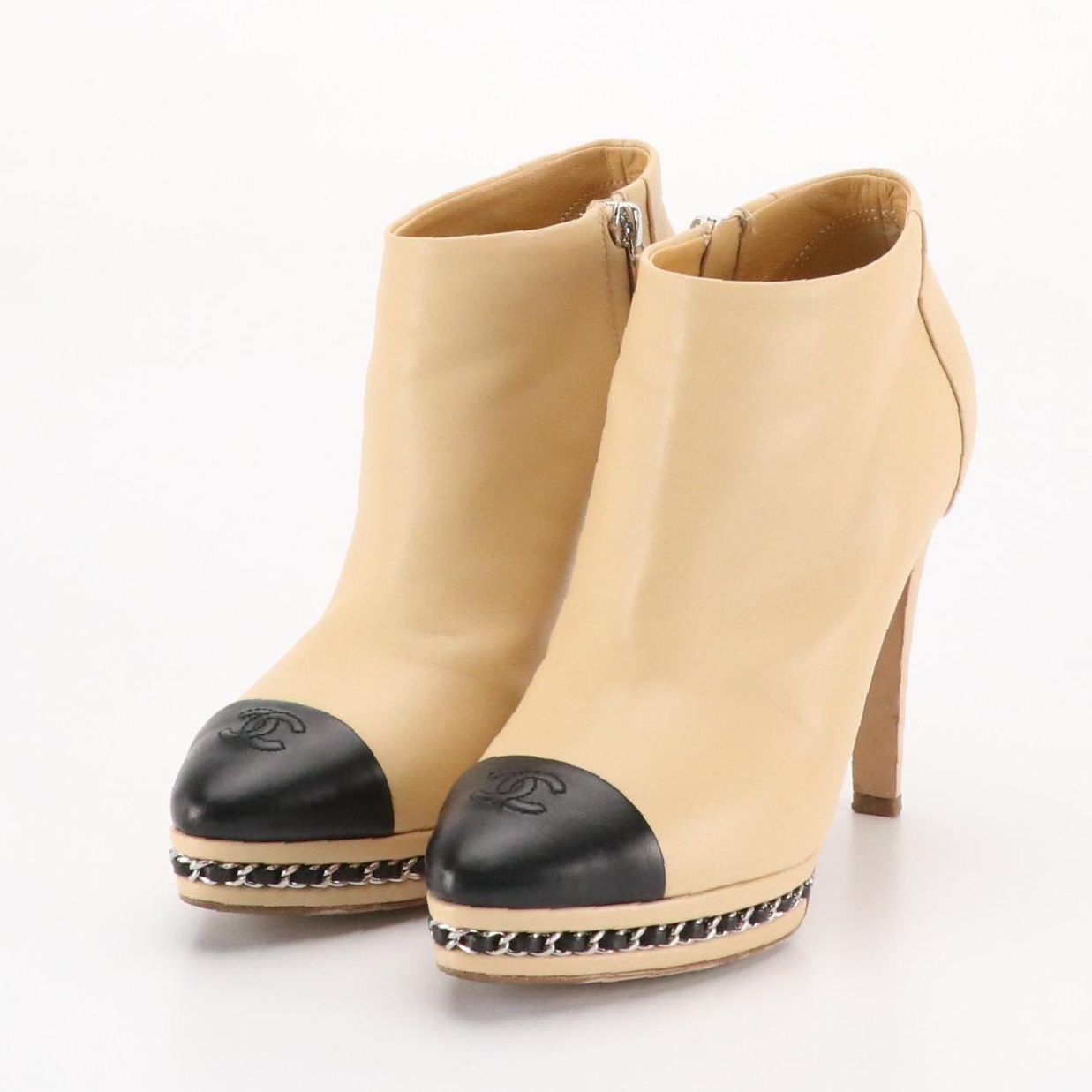Chanel Lambskin Leather Platform Cap Toe Ankle Boots with Interwoven Chain