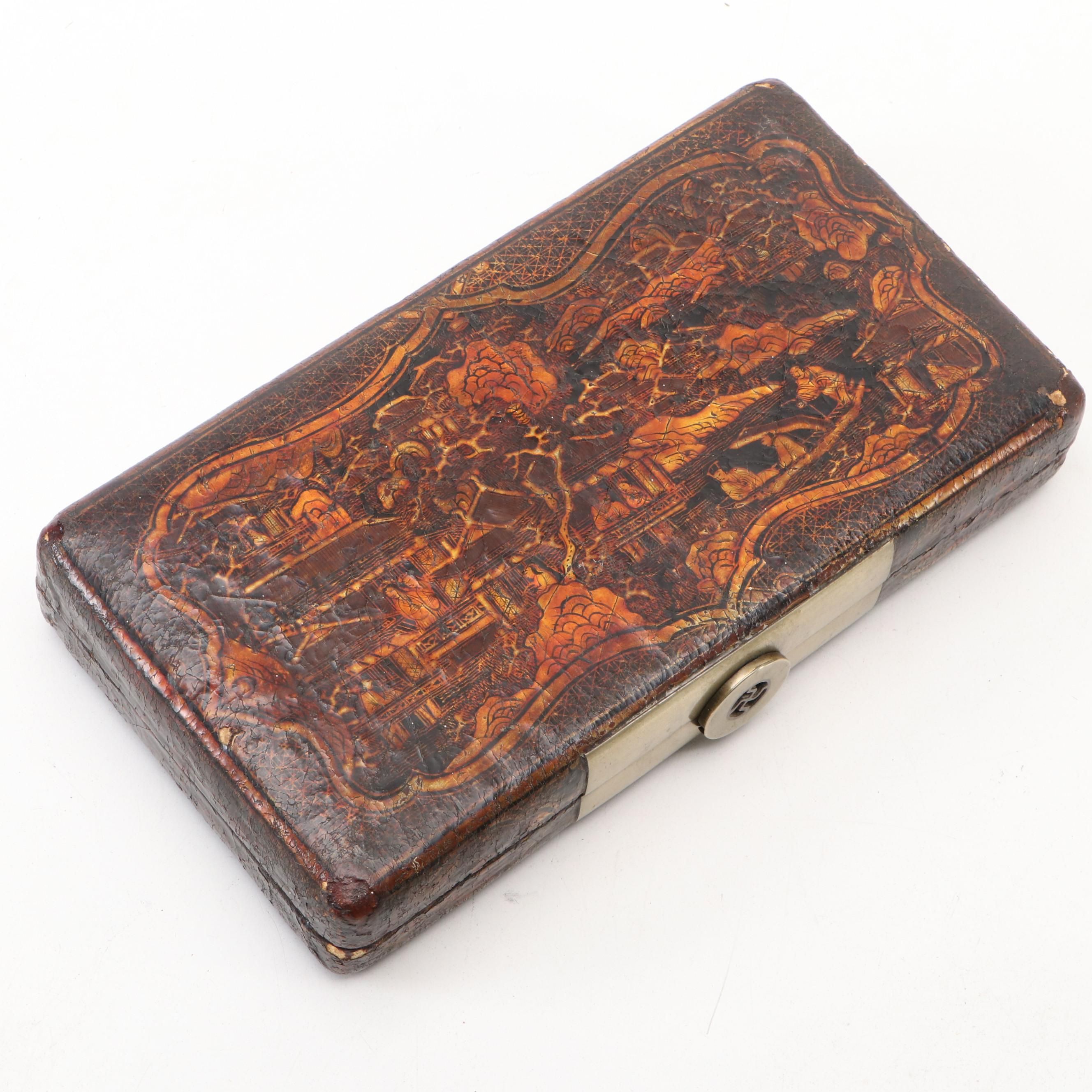 Japanese Edo Style Lacquered Wooden Box with Hinged Lid