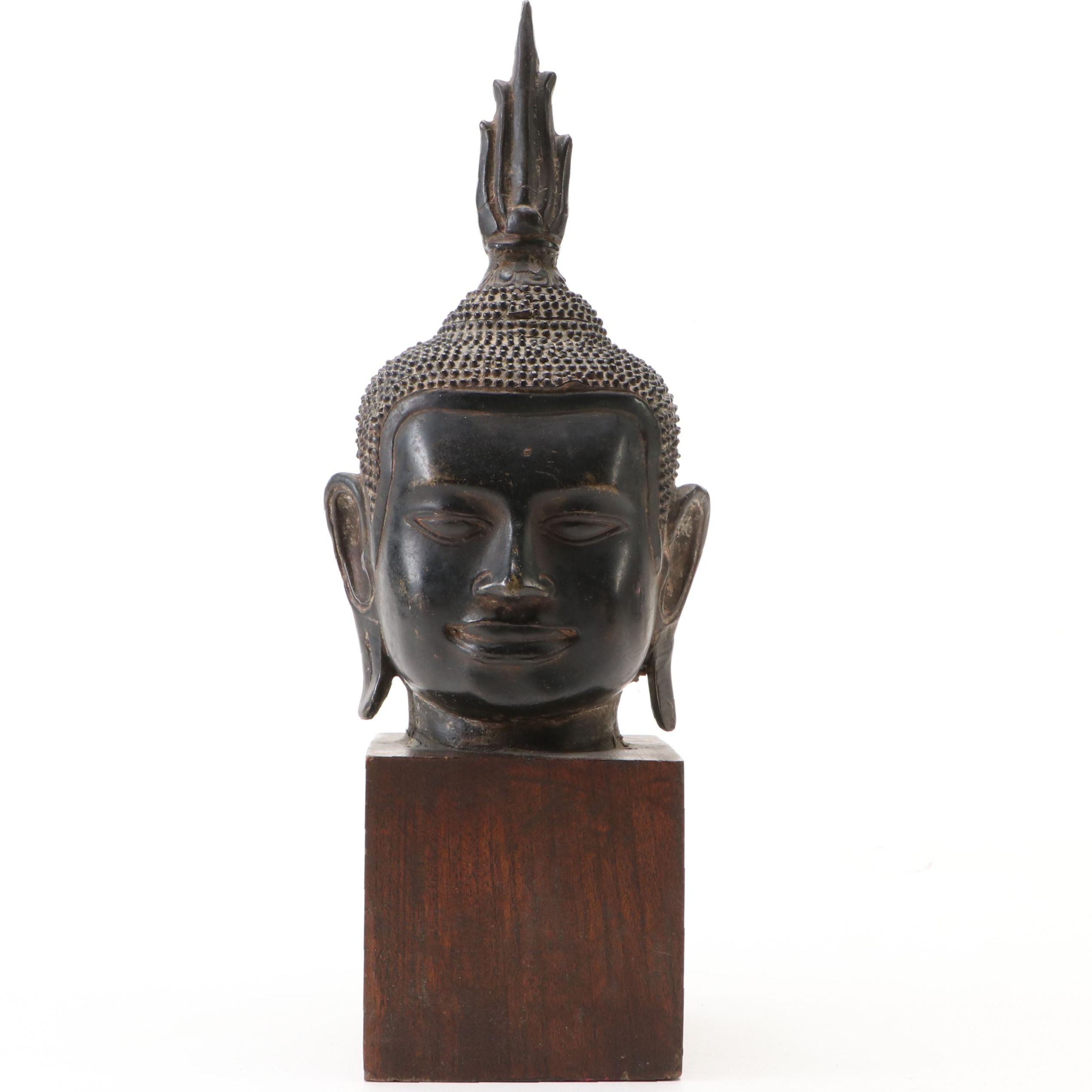 Southeast Asian Style Bronze Buddha Head on Wooden Base