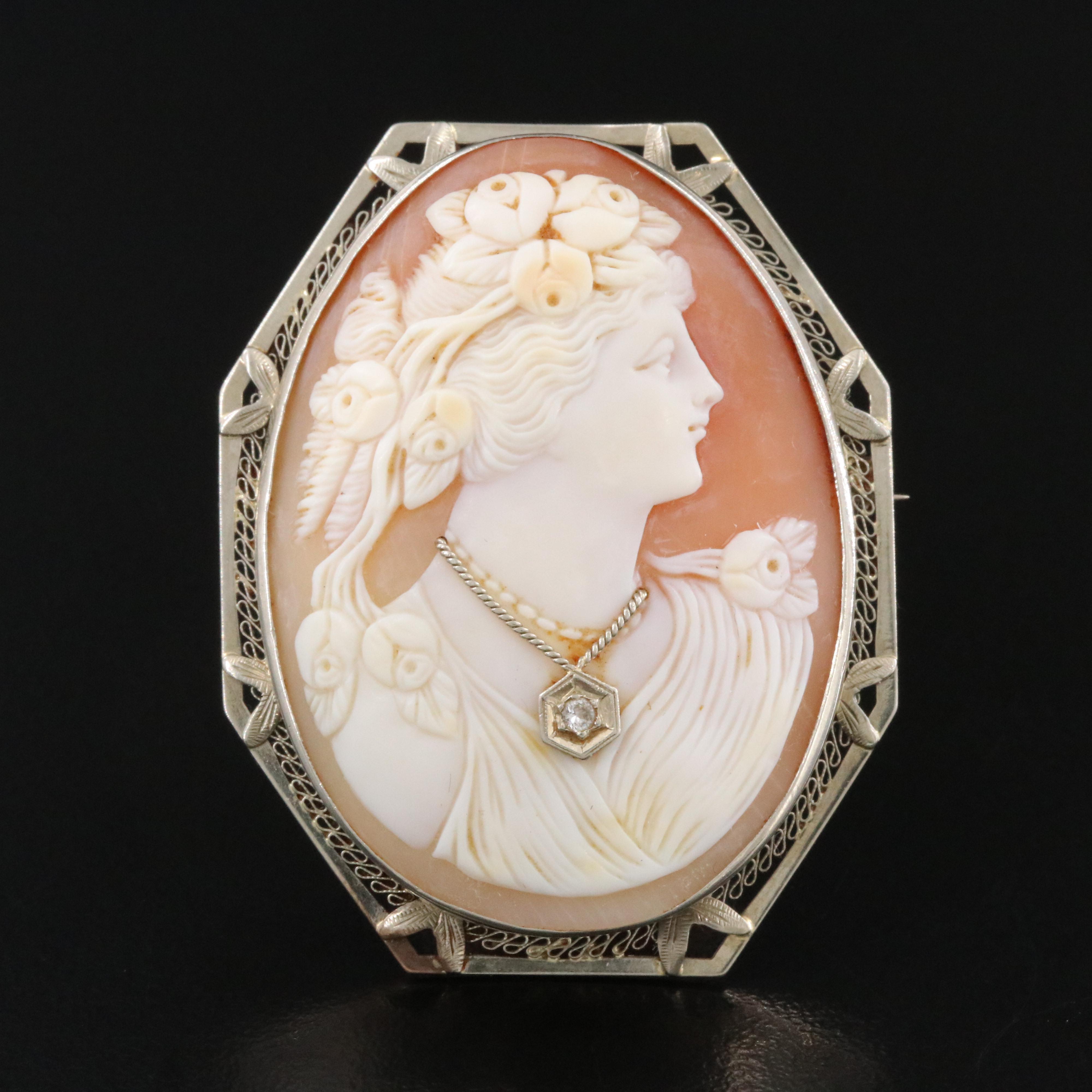 Vintage 10K Goddess Flora Habillé Shell Cameo Converter Brooch with 14K Accent