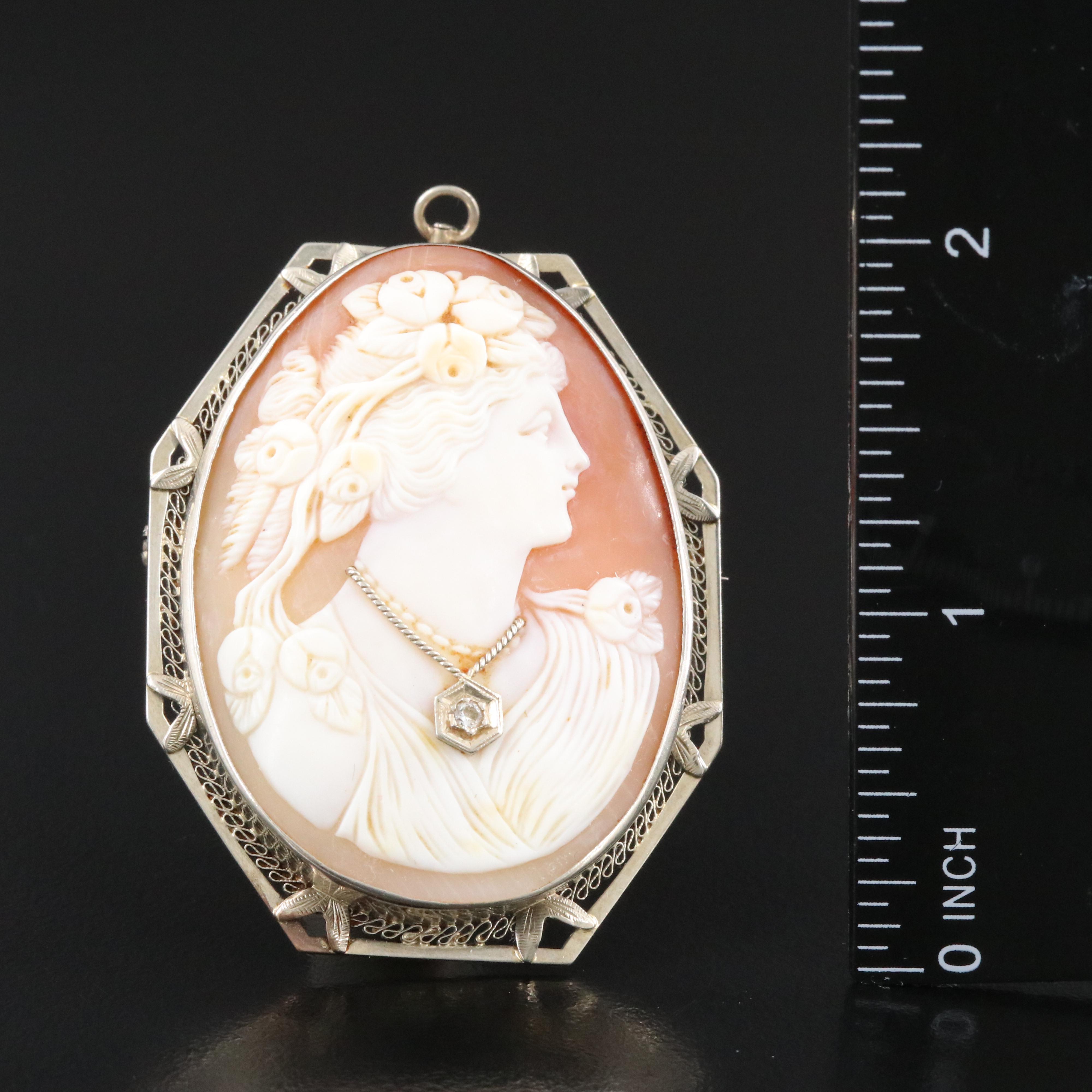 Vintage 10K Goddess Flora Habillé Shell Cameo Converter Brooch with 14K Accent