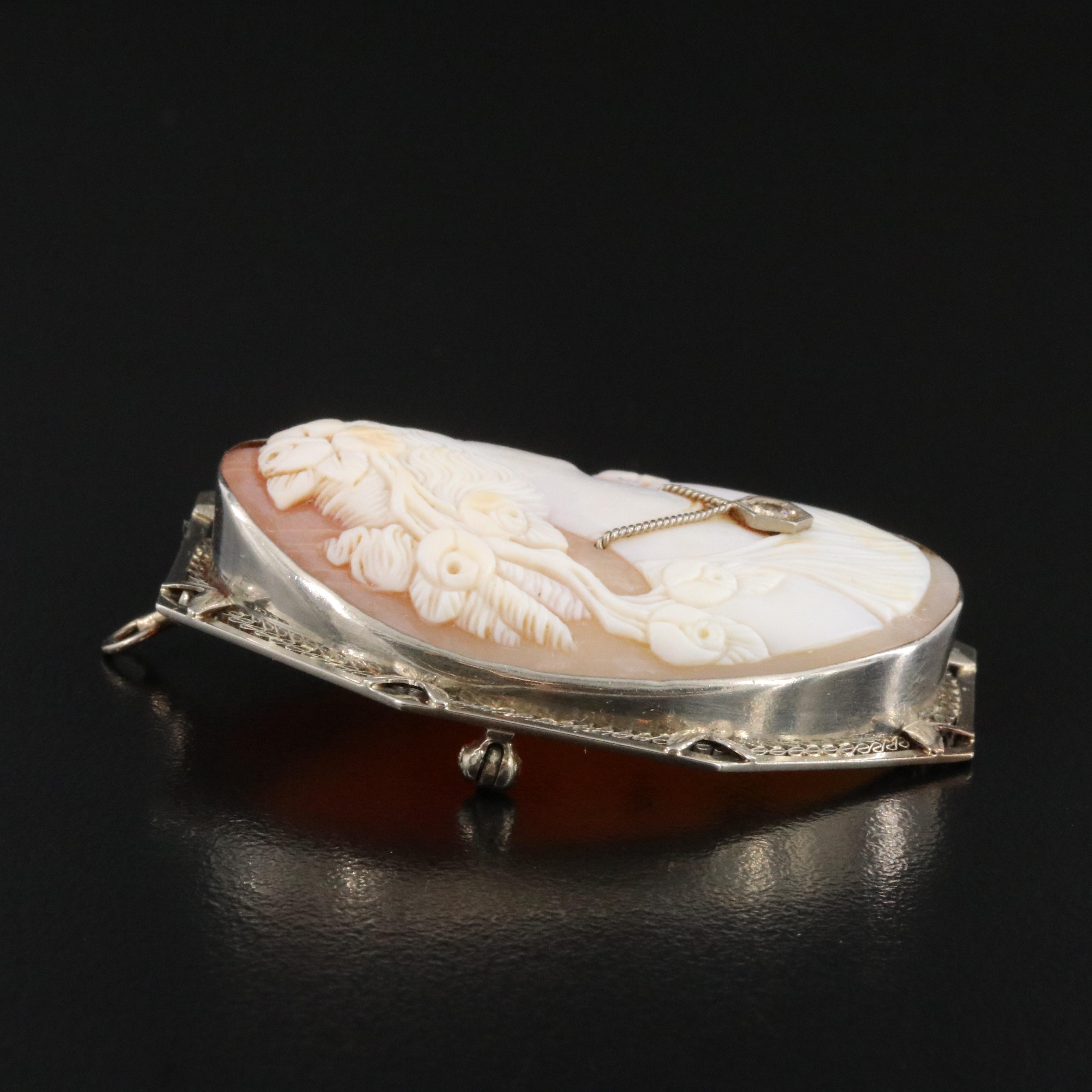 Vintage 10K Goddess Flora Habillé Shell Cameo Converter Brooch with 14K Accent