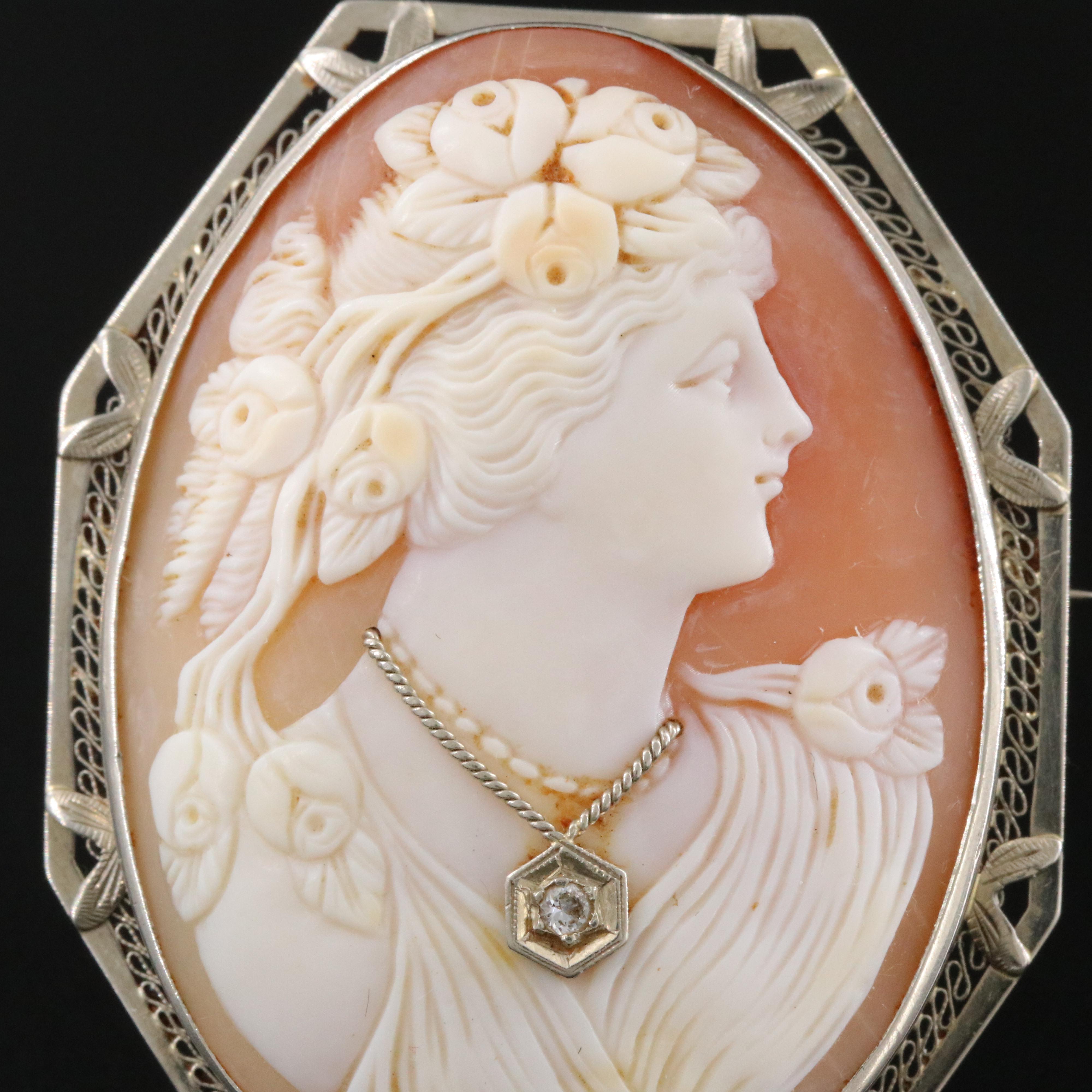 Vintage 10K Goddess Flora Habillé Shell Cameo Converter Brooch with 14K Accent