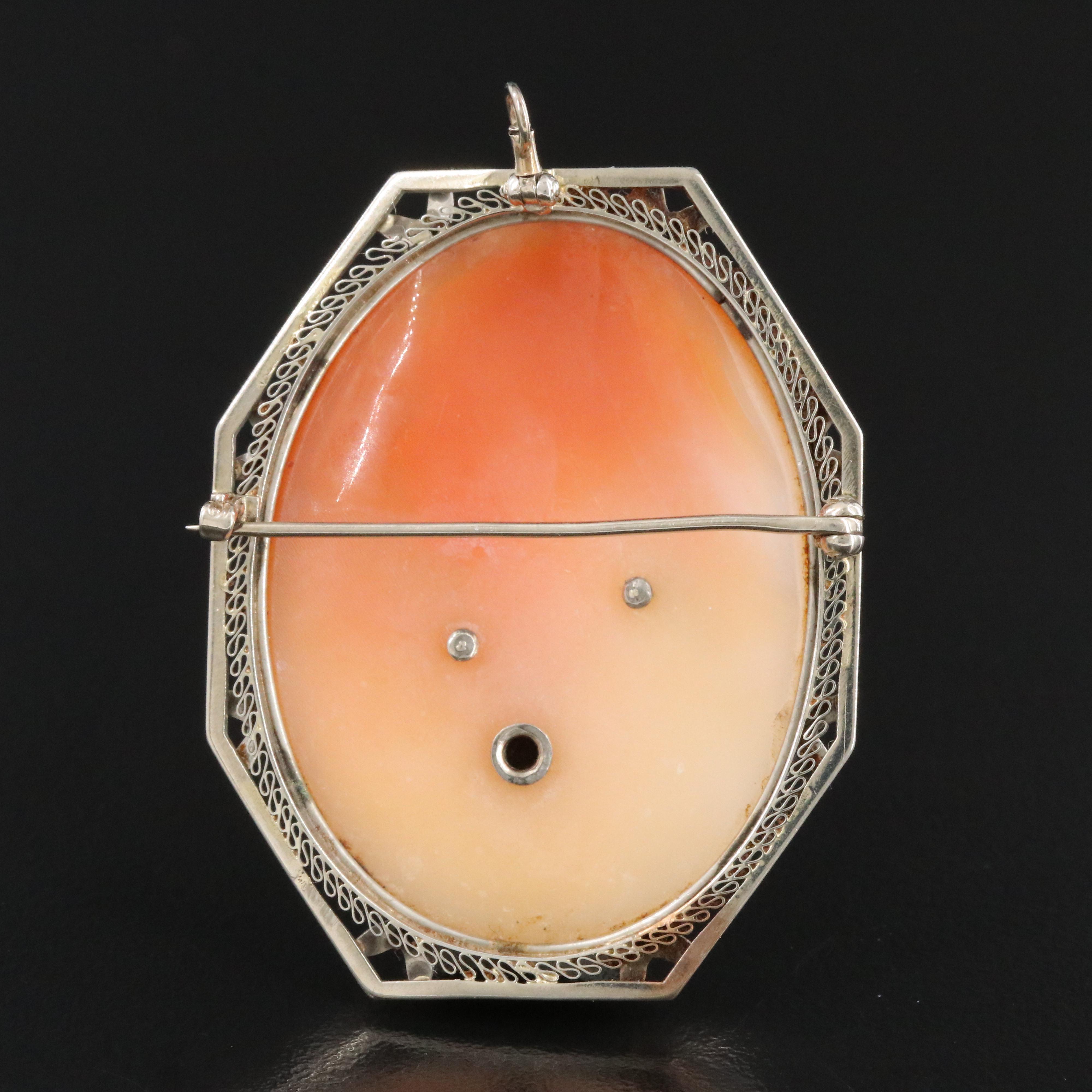 Vintage 10K Goddess Flora Habillé Shell Cameo Converter Brooch with 14K Accent