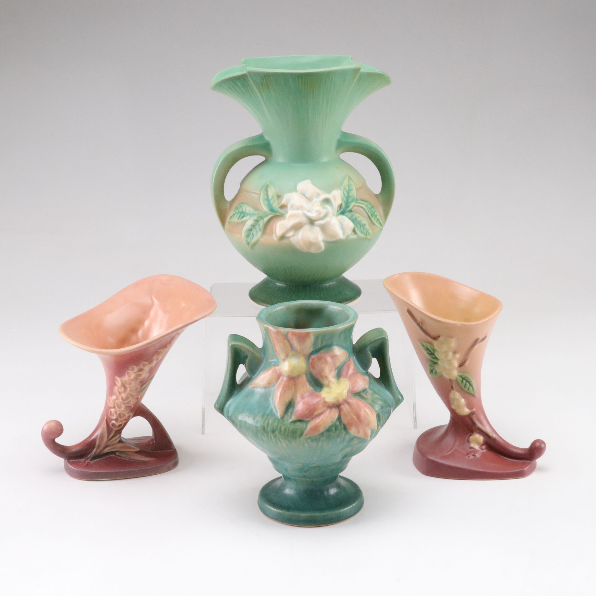 Roseville "Foxglove" & "Snowberry" Cornucopias with Other Vases
