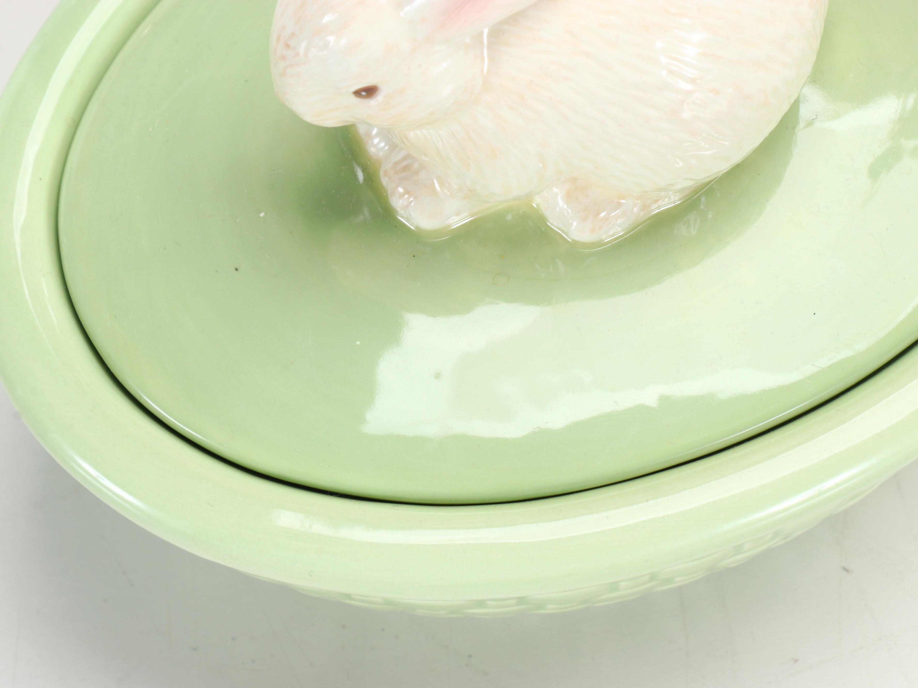 Ceramic Bunny and Cabbage Bowl and Shakers with Other Easter Décor