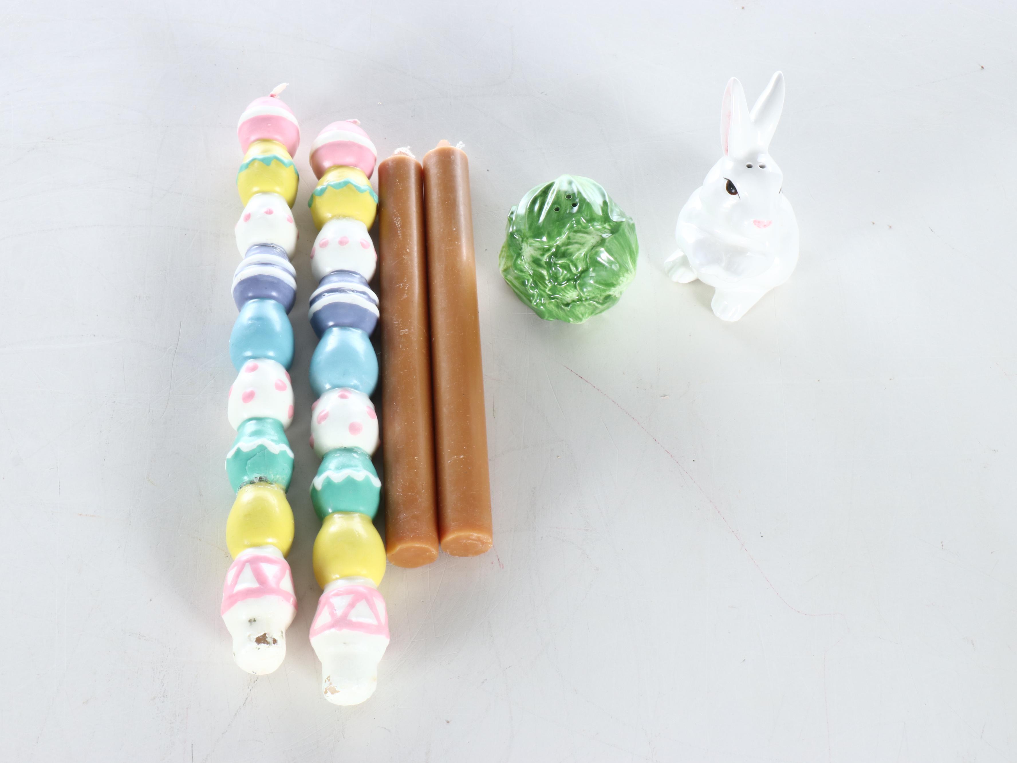 Ceramic Bunny and Cabbage Bowl and Shakers with Other Easter Décor