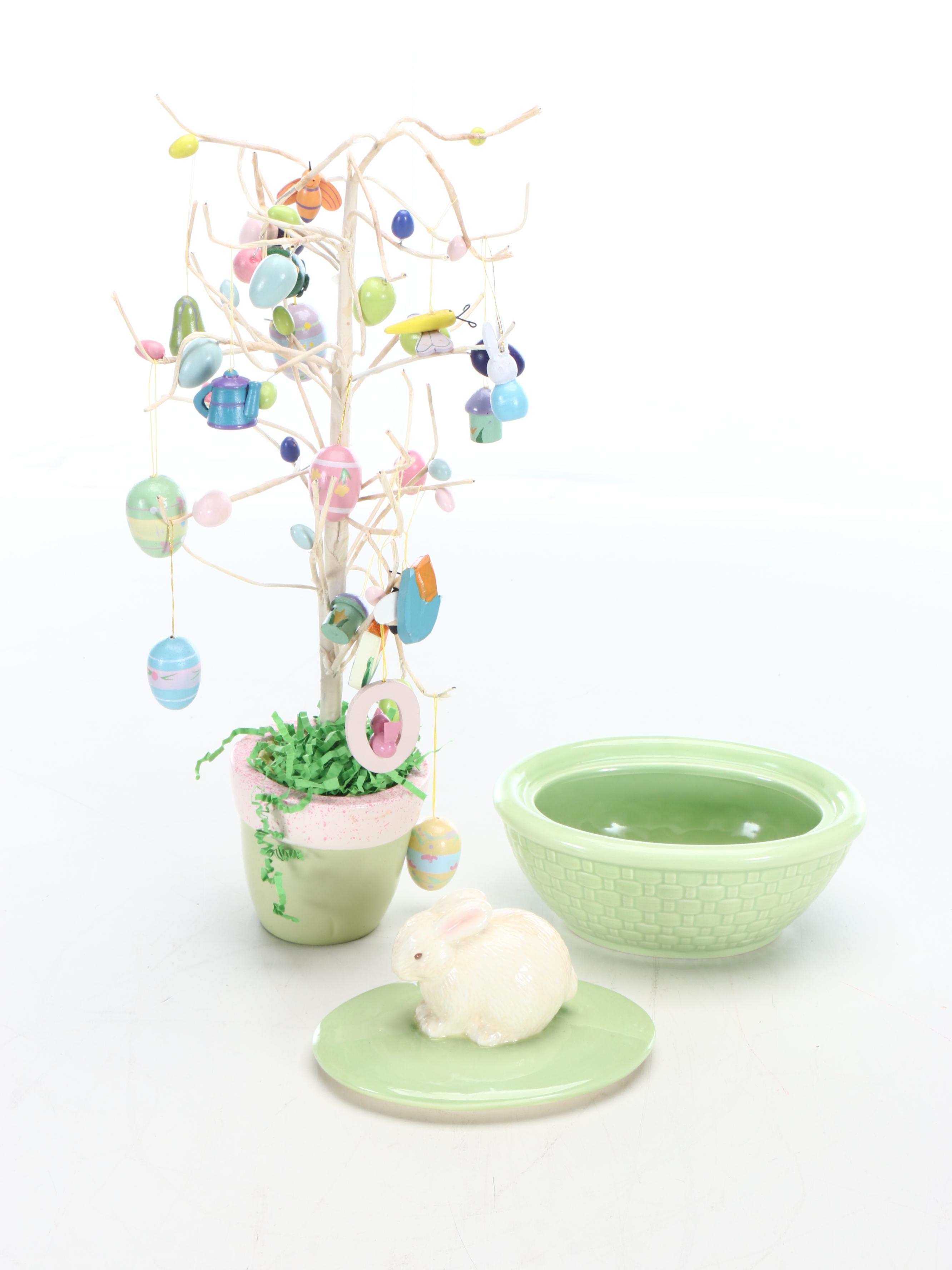 Ceramic Bunny and Cabbage Bowl and Shakers with Other Easter Décor