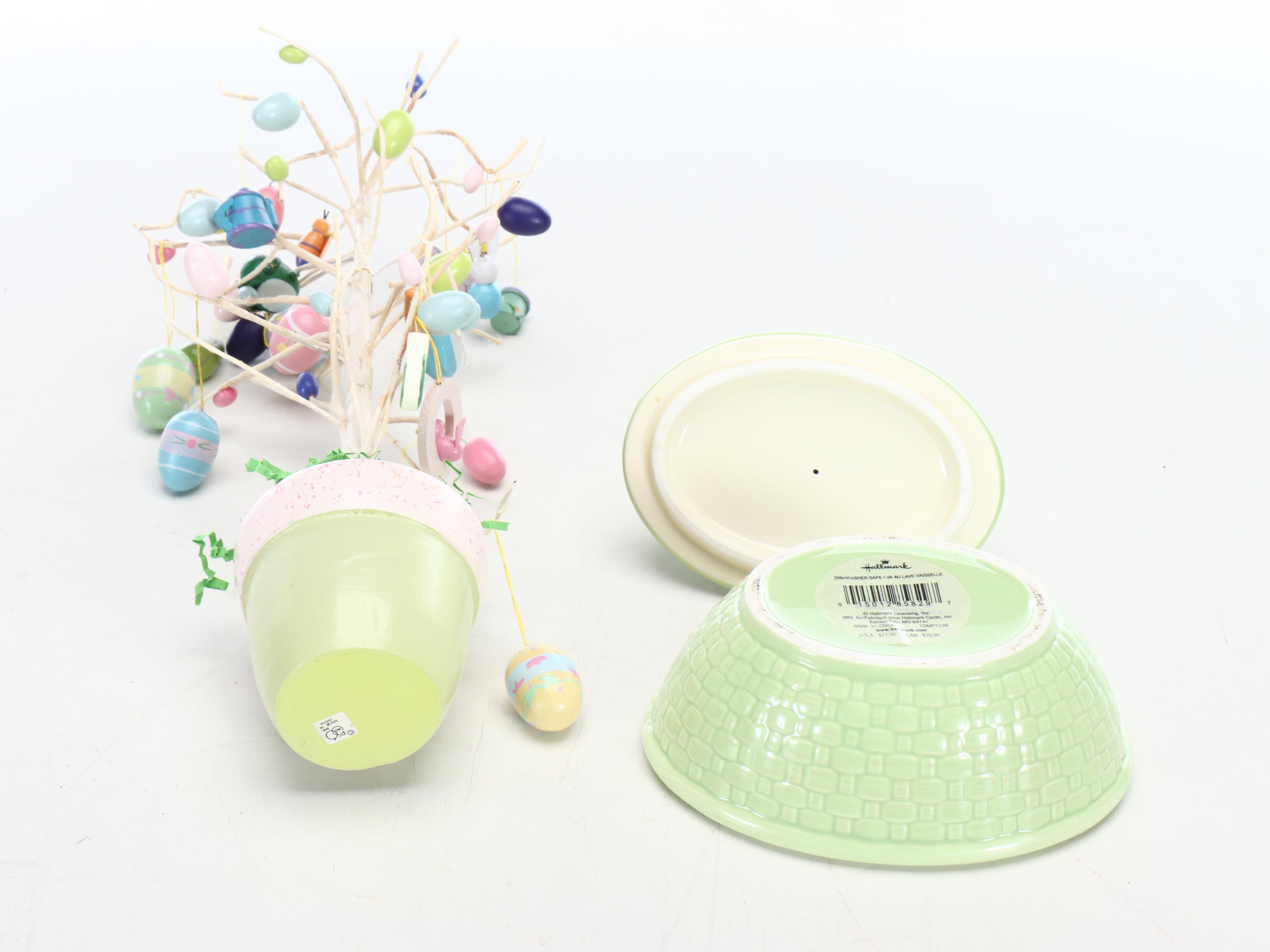 Ceramic Bunny and Cabbage Bowl and Shakers with Other Easter Décor