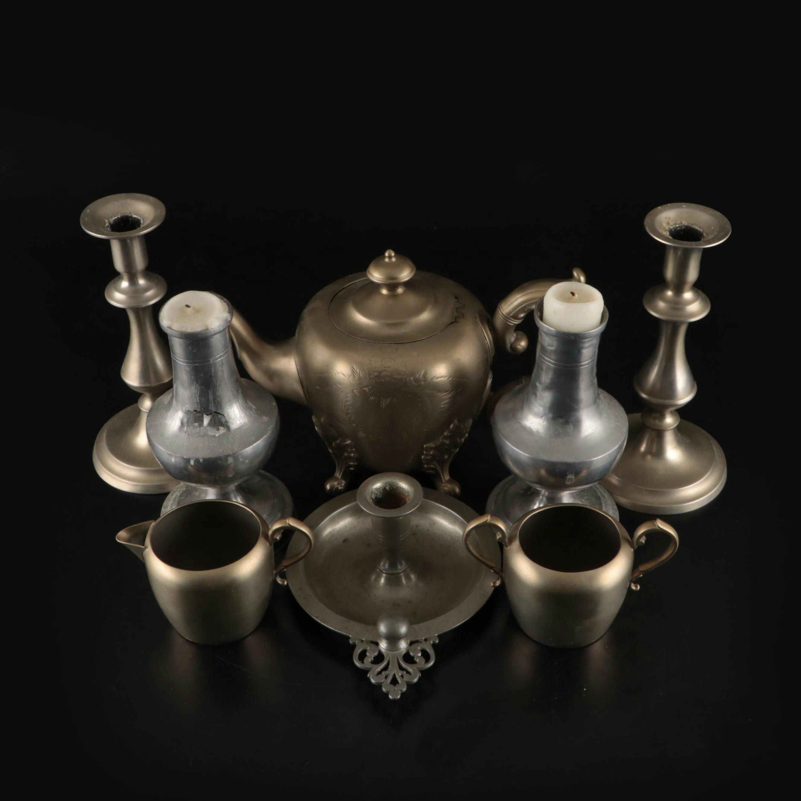 Sheffield Pewter Teapot , Creamer, and Sugar Bowl with Pewter Candle Holders