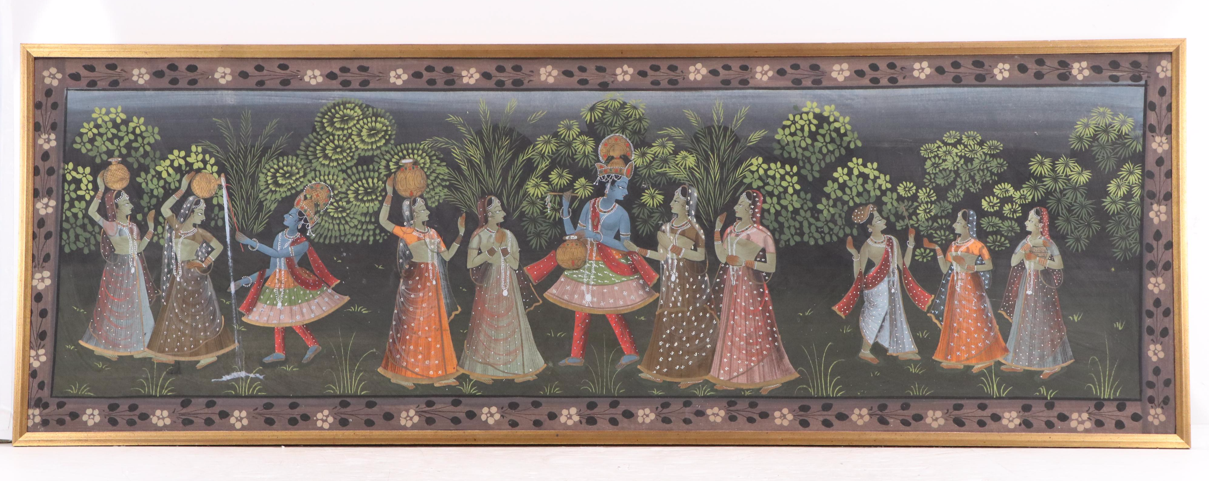 Indian Gouache Painting of Radha Krishna With Gopis, 20th Century