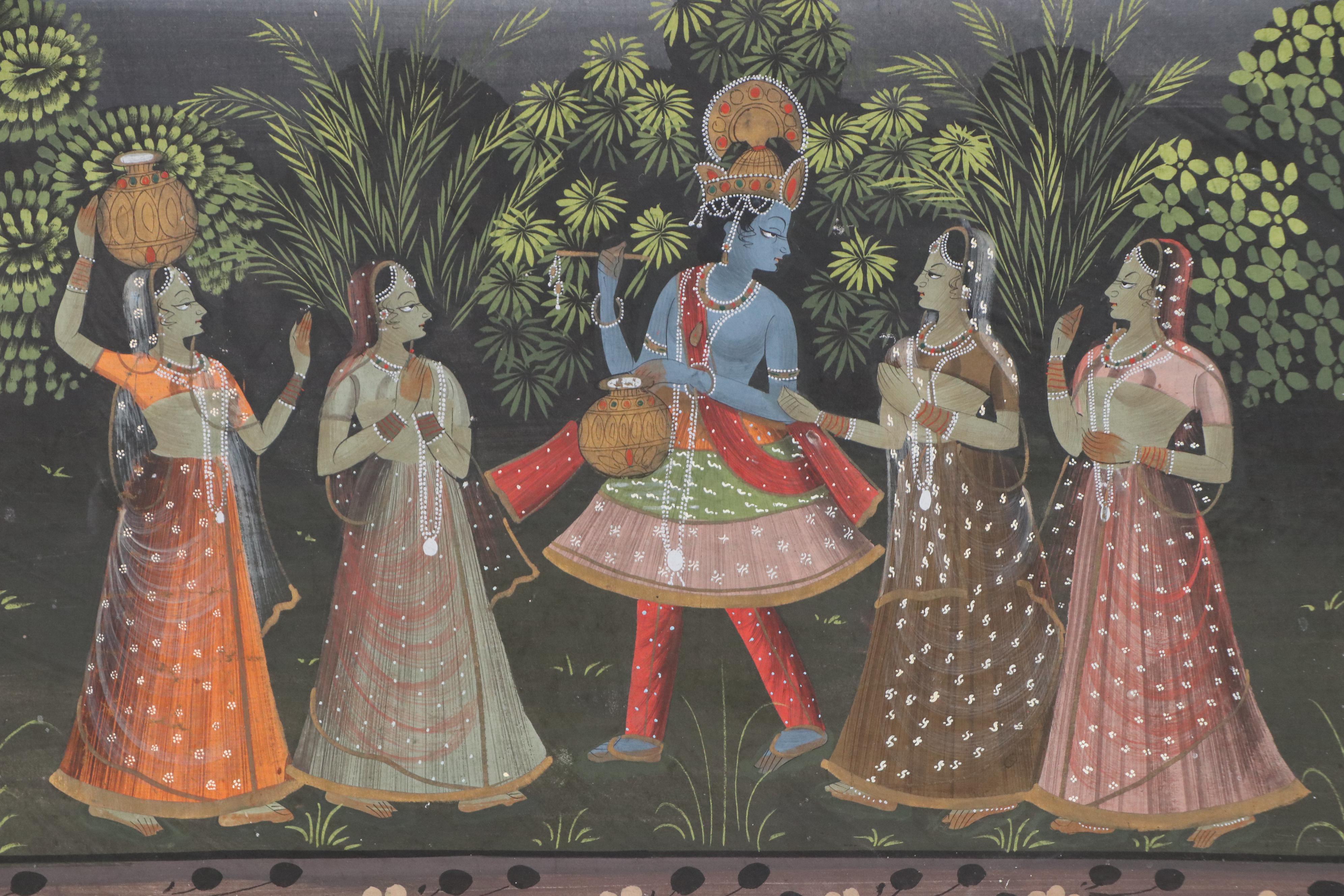 Indian Gouache Painting of Radha Krishna With Gopis, 20th Century
