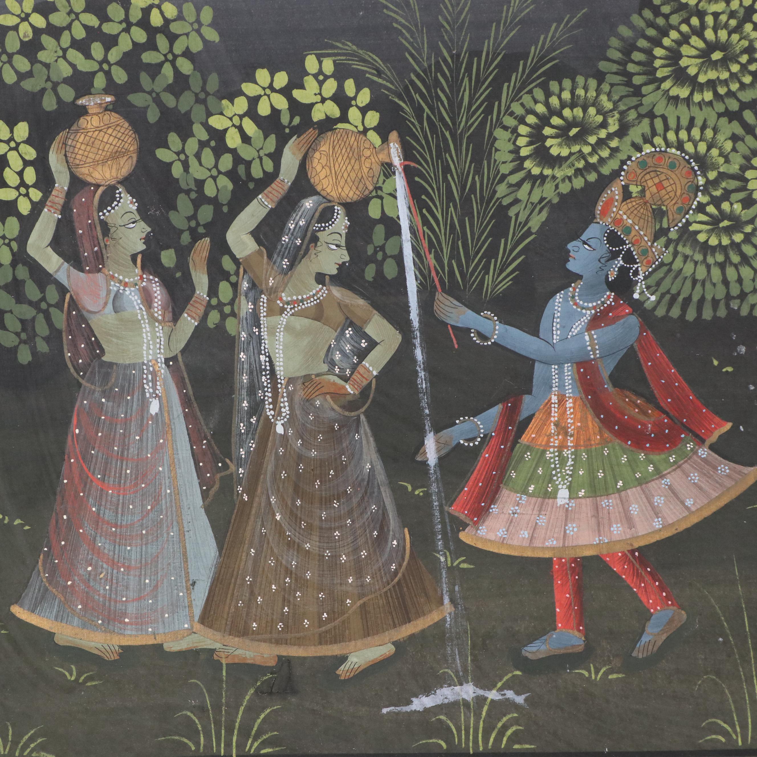 Indian Gouache Painting of Radha Krishna With Gopis, 20th Century