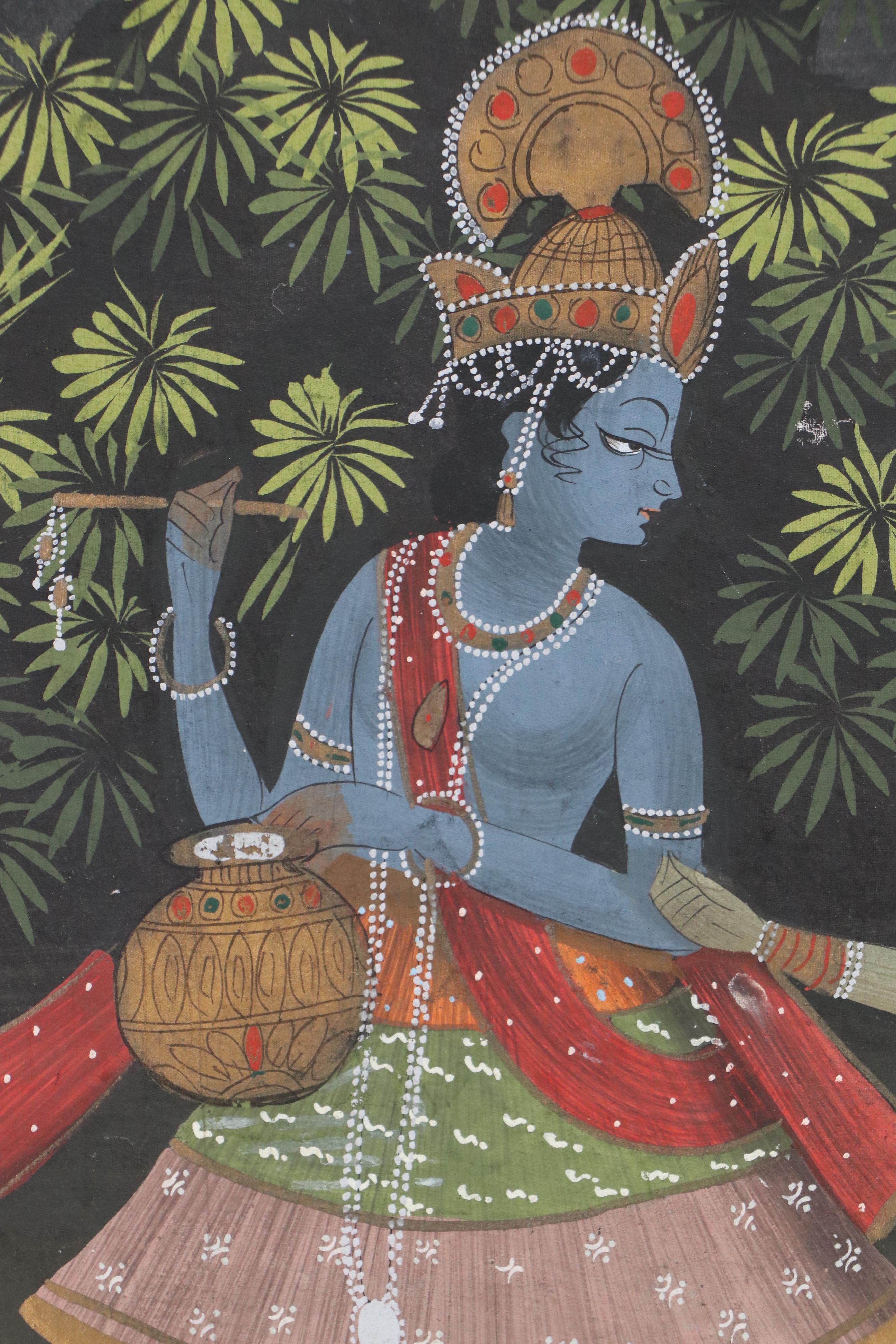 Indian Gouache Painting of Radha Krishna With Gopis, 20th Century