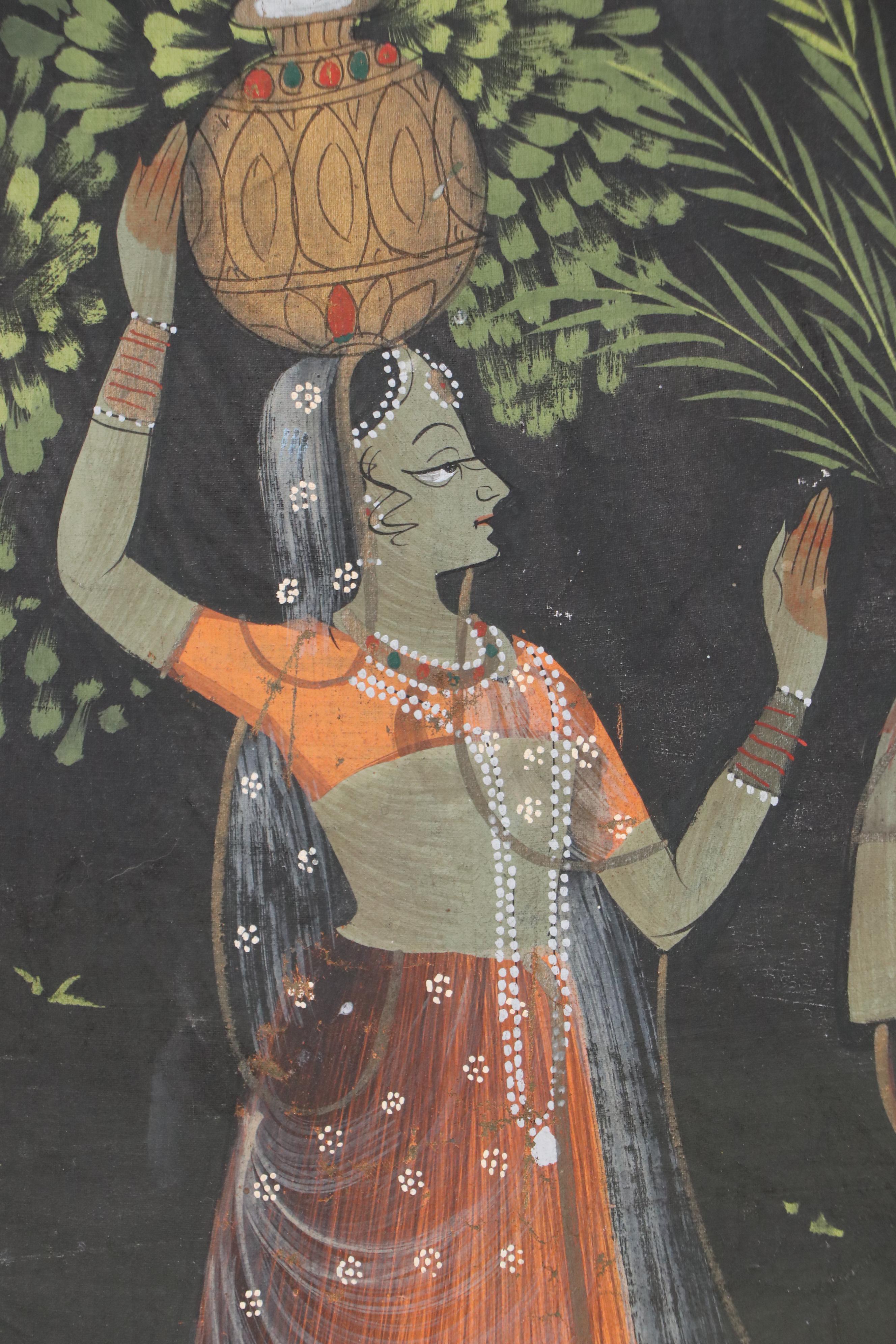 Indian Gouache Painting of Radha Krishna With Gopis, 20th Century