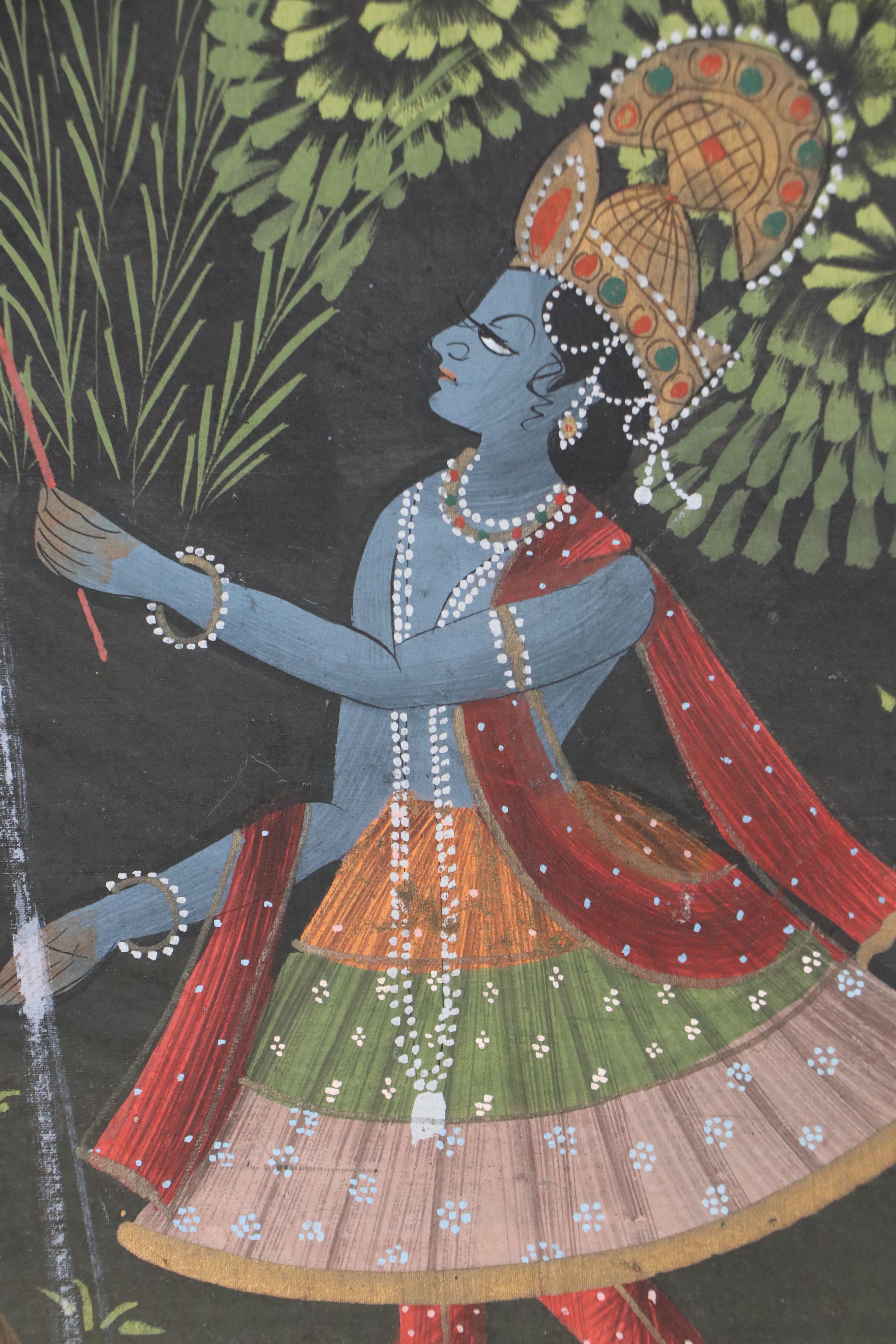 Indian Gouache Painting of Radha Krishna With Gopis, 20th Century