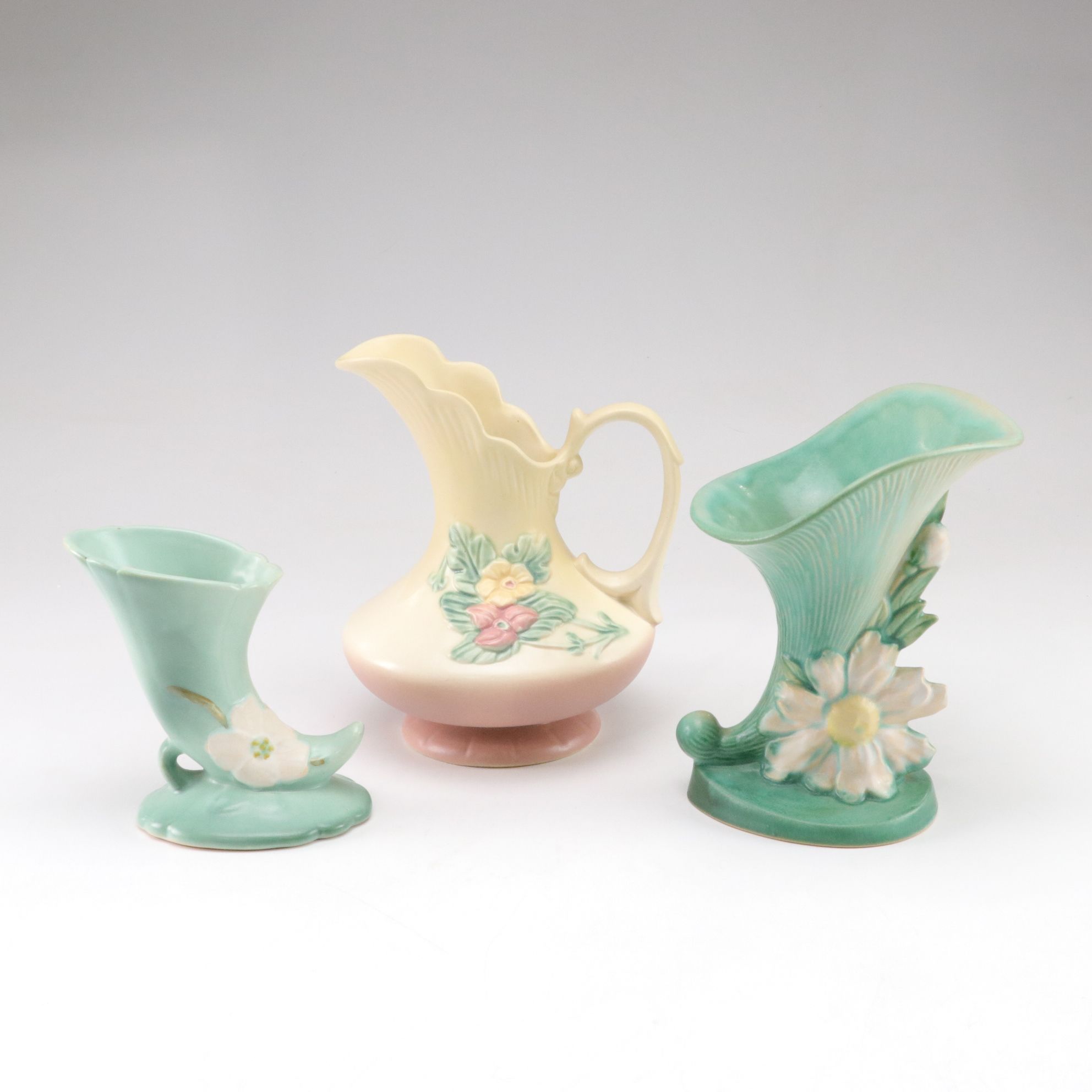 Roseville and Weller Cornucopia Vases and Hull Pottery Pitcher, Mid-20th Century