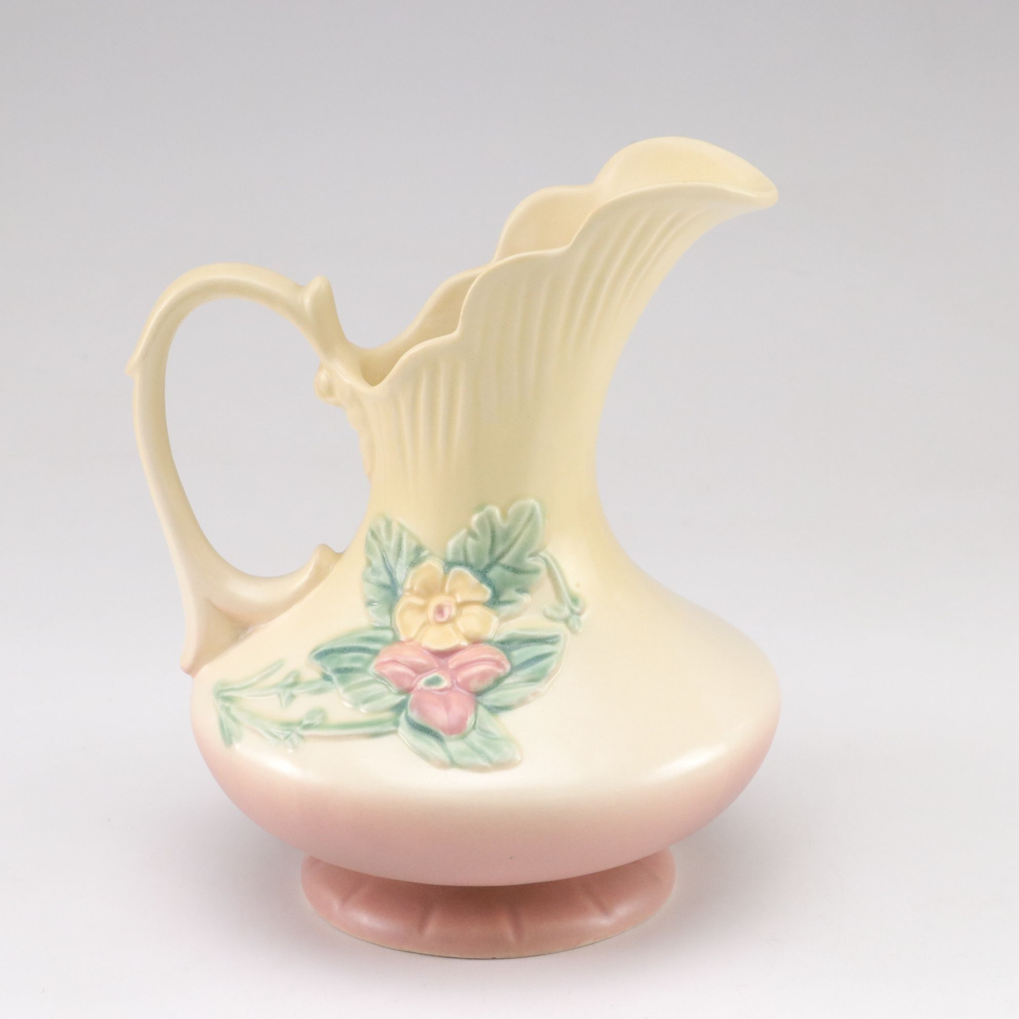 Roseville and Weller Cornucopia Vases and Hull Pottery Pitcher, Mid-20th Century