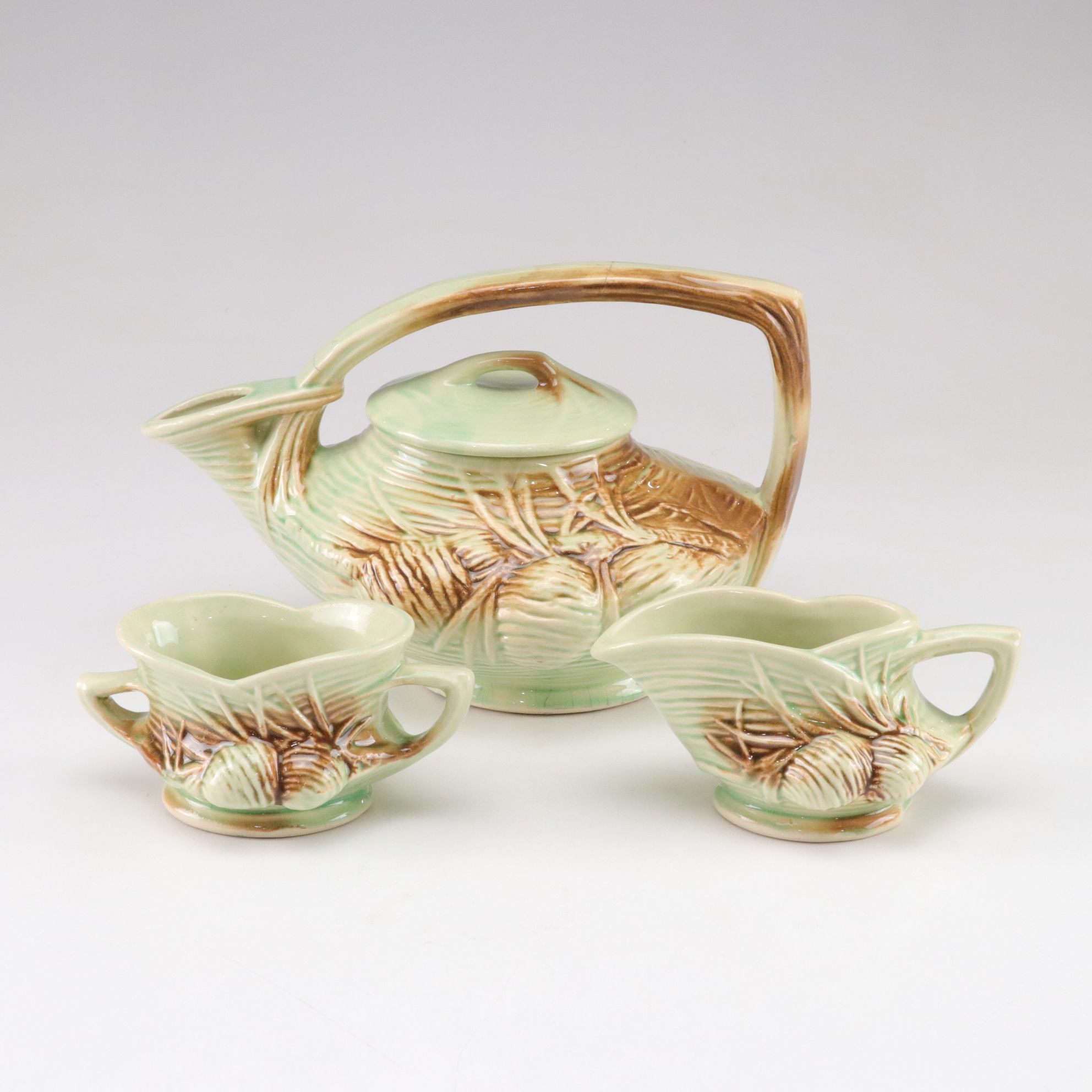 McCoy Pottery "Pinecone" Teapot, Creamer and Sugar, Mid-20th Century