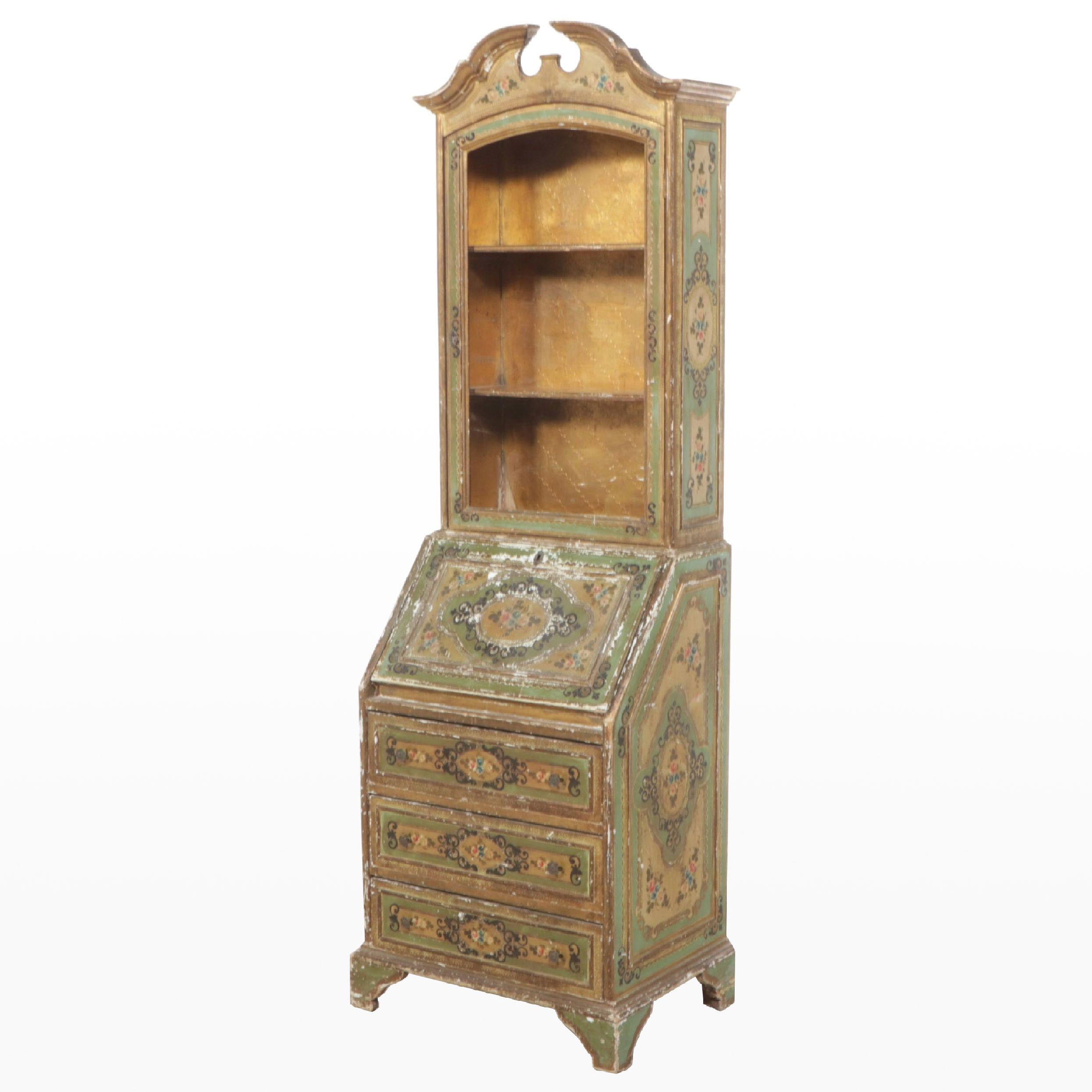 Florentine Style Parcel-Gilt and Paint-Decorated Wood Secretary Desk with Hutch