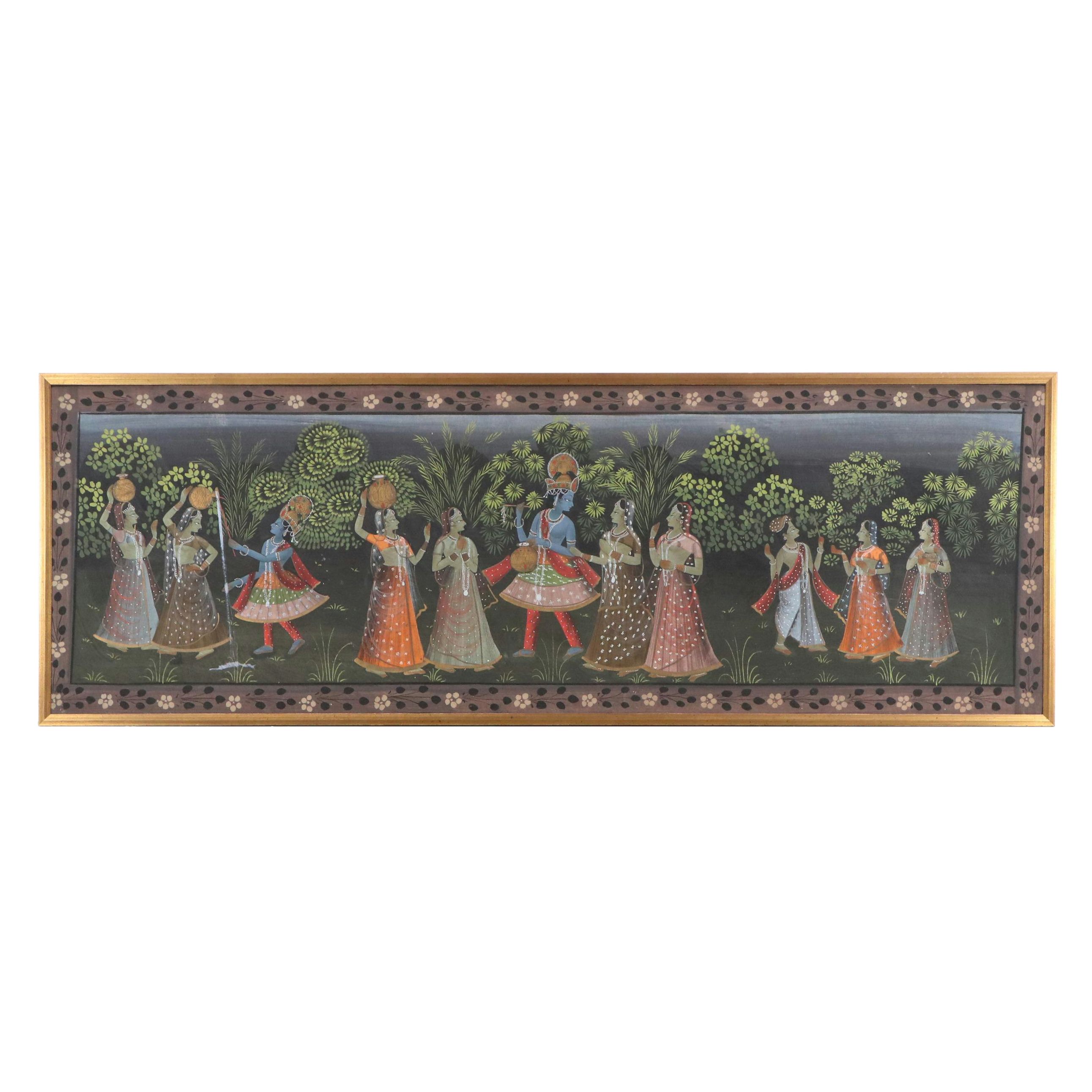 Indian Gouache Painting of Radha Krishna With Gopis, 20th Century