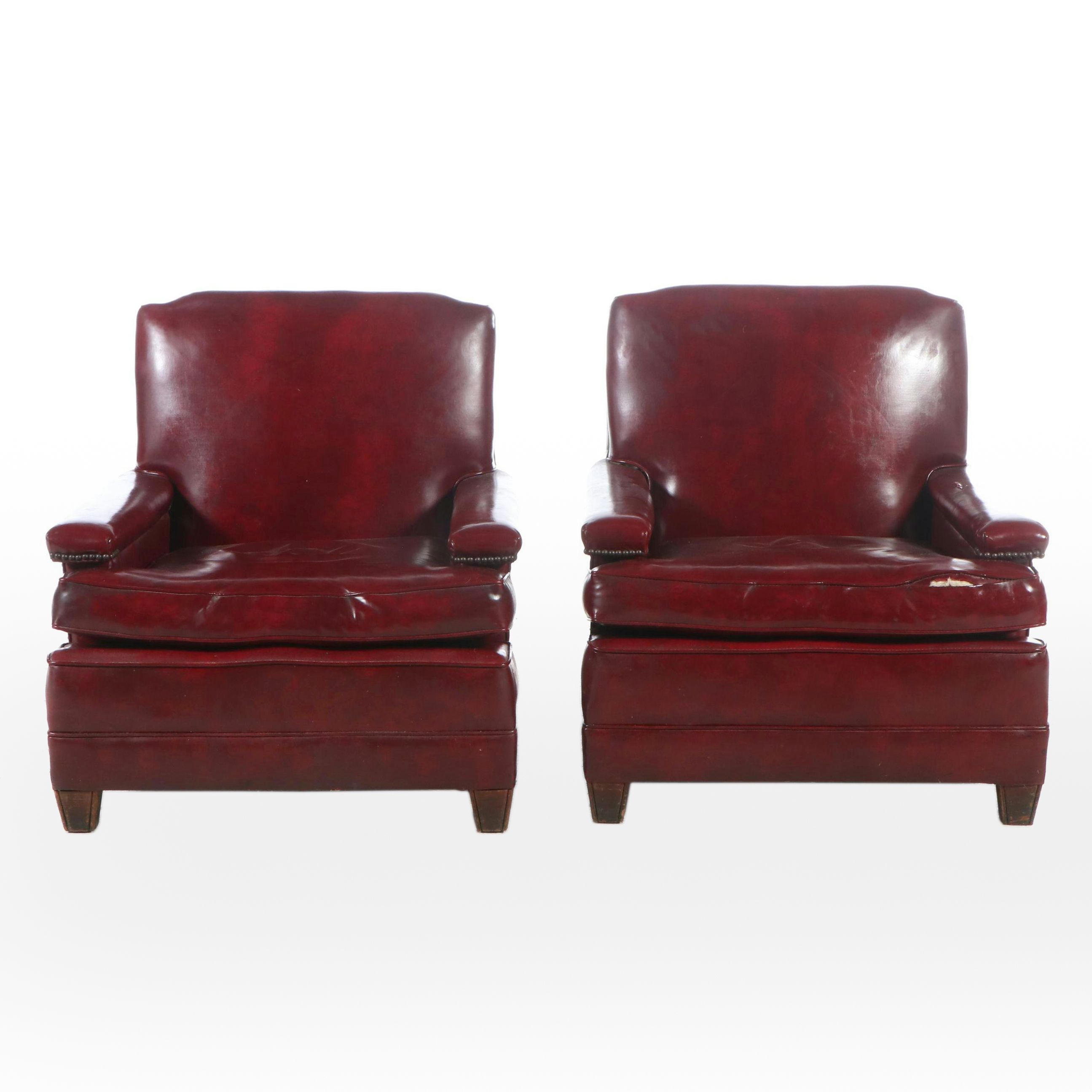 Pair of Thomas Furniture Red Faux Leather Upholstered Club Chairs, Mid-20th C.