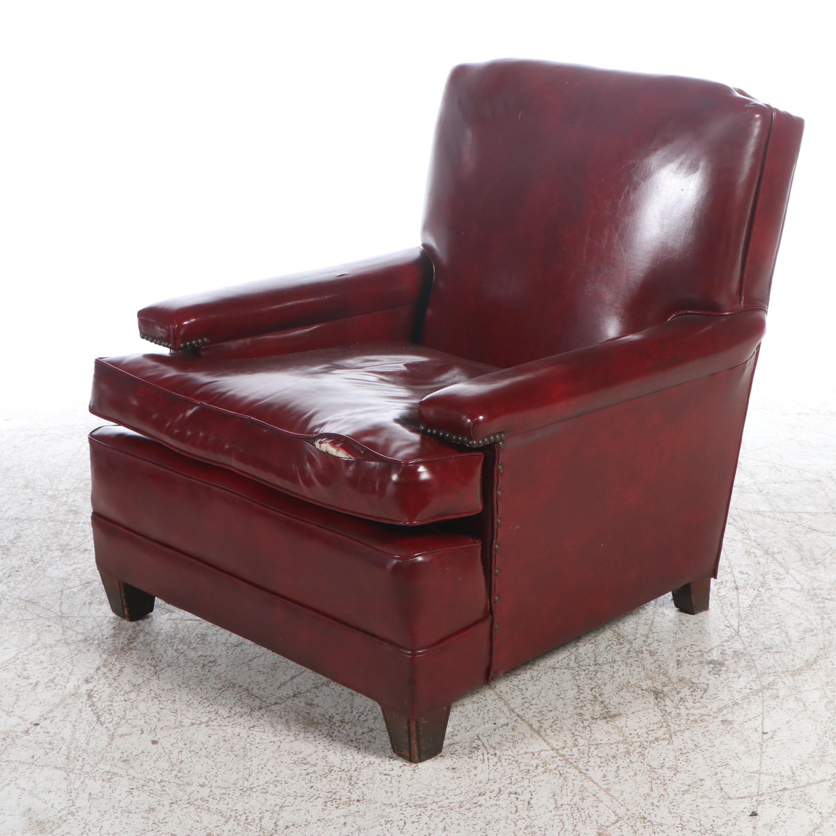 Pair of Thomas Furniture Red Faux Leather Upholstered Club Chairs, Mid-20th C.