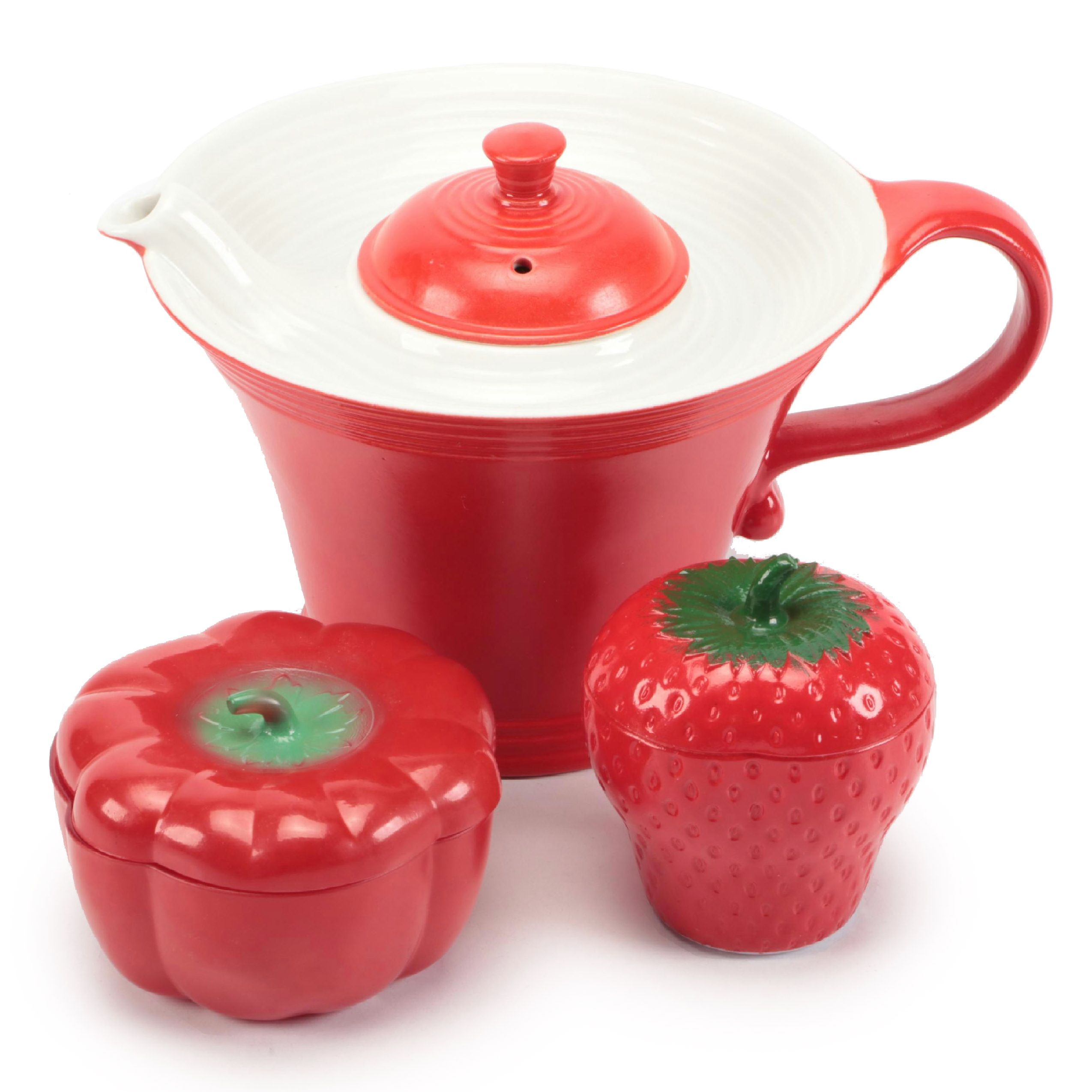 Mid Century Modern Style Ceramic Teapot with Tomato and Strawberry Glass Boxes