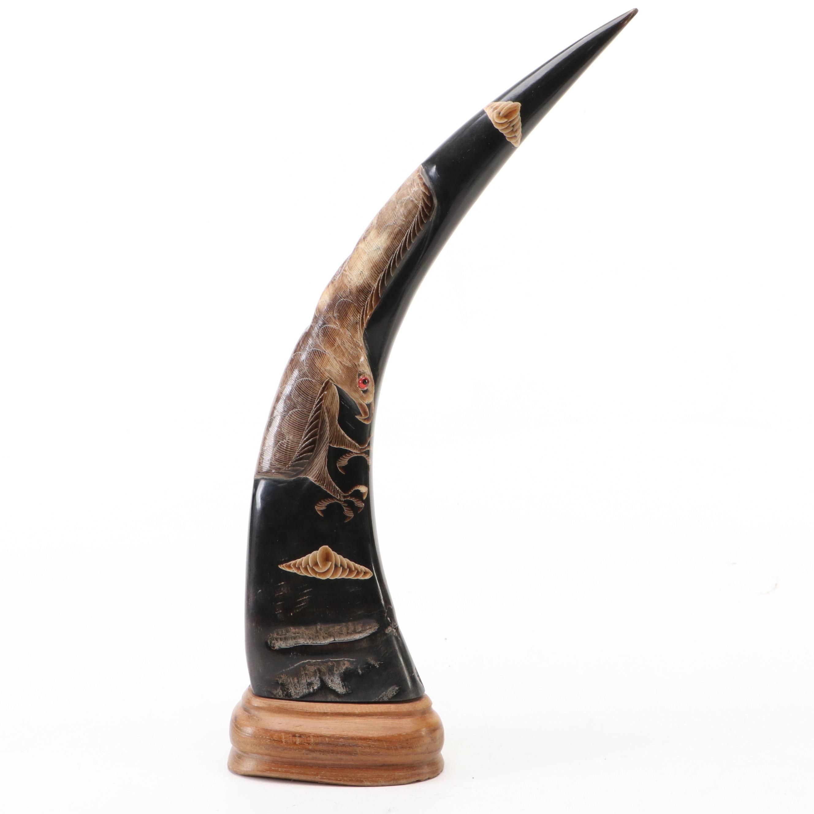 Indian Hand-Carved Buffalo Horn Swooping Eagle with Red Glass Eye