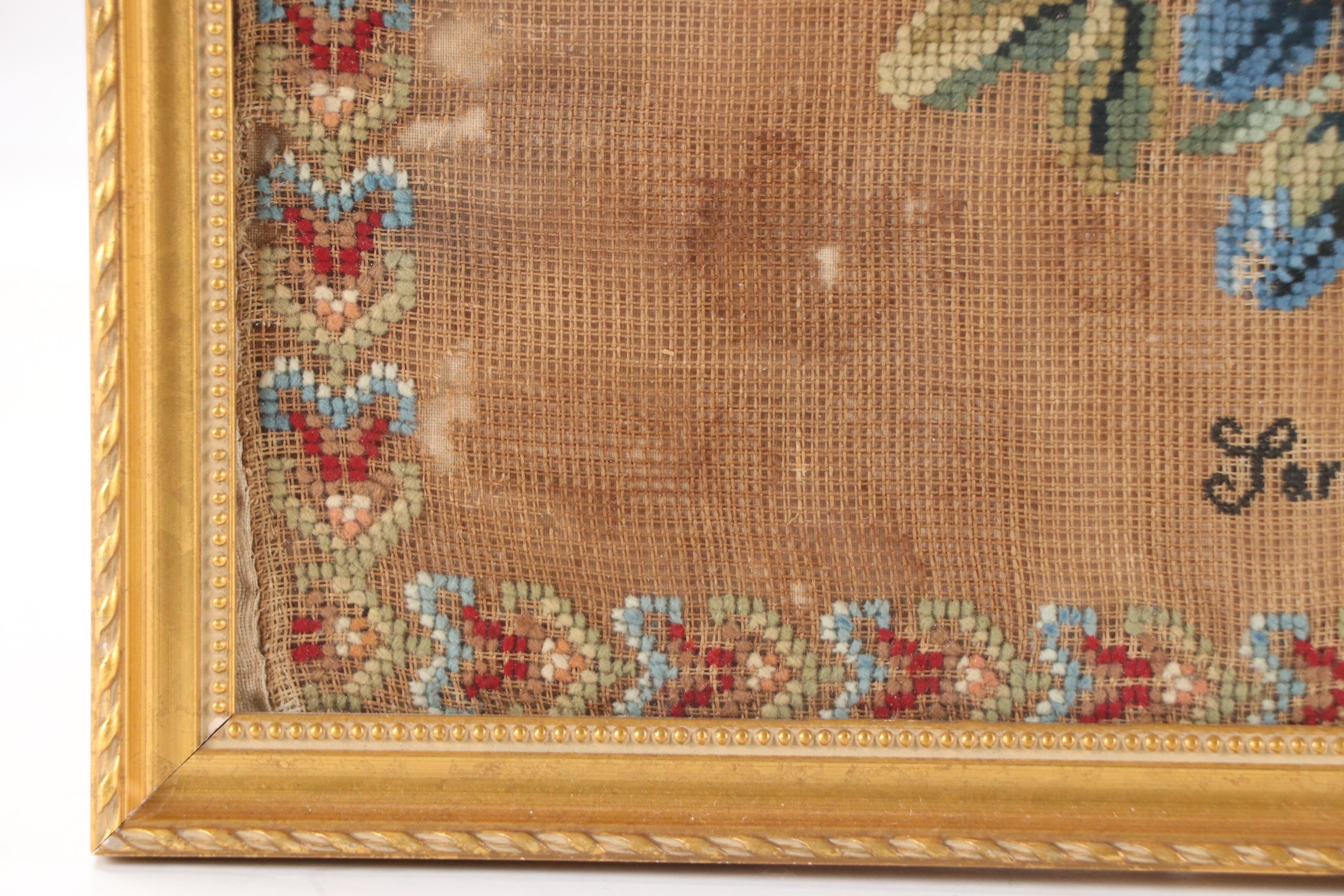 Early Victorian Floral Cross Stitch Panel in Frame, 1849