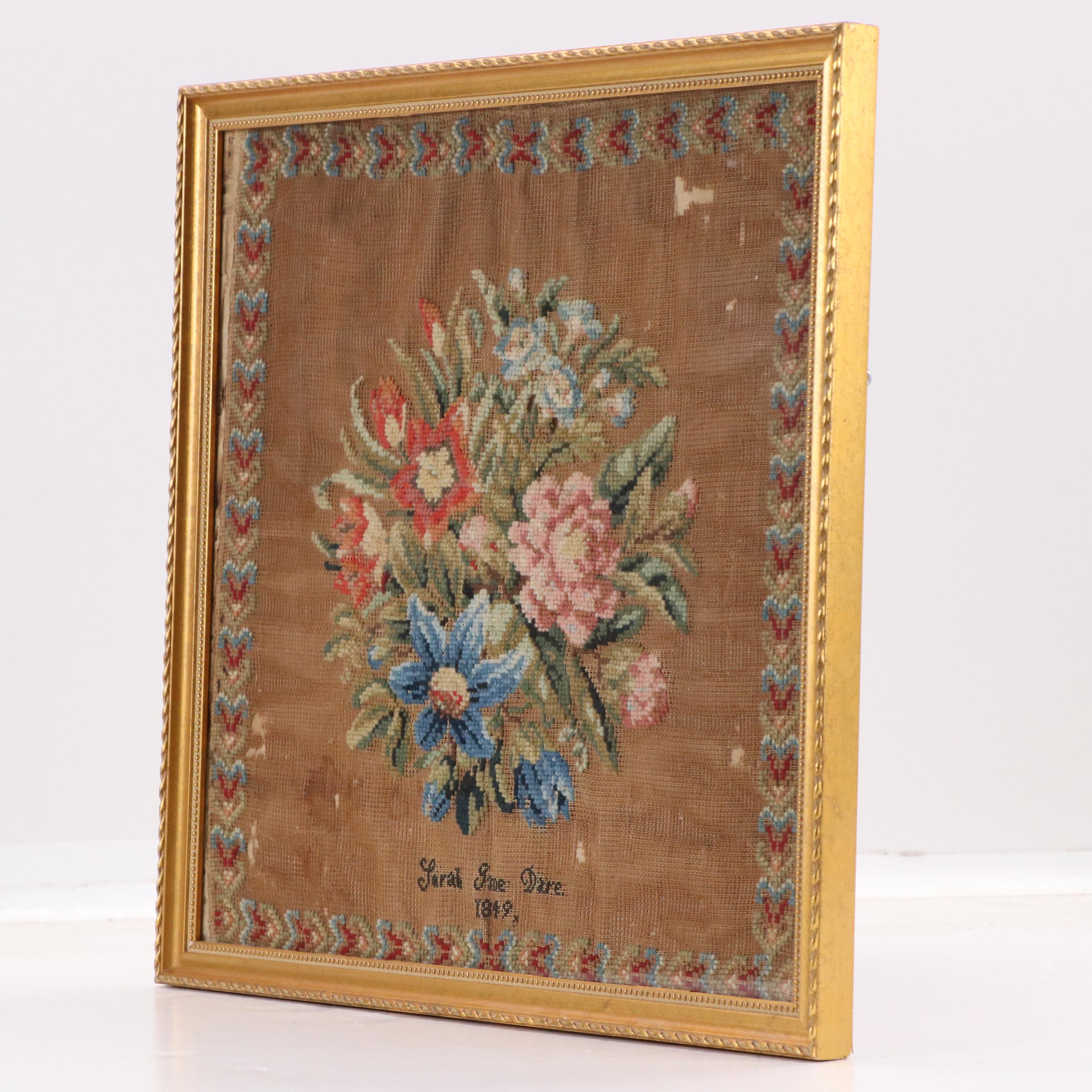 Early Victorian Floral Cross Stitch Panel in Frame, 1849